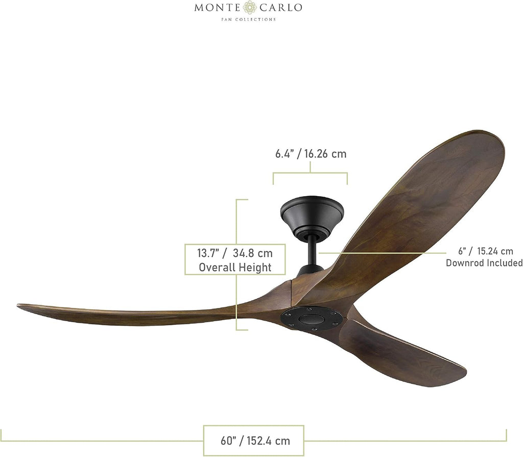 Monte Carlo 3MAVR60BK Maverick Energy Star 60'' Outdoor Ceiling Fan with Remote Control, 3 Balsa Wood Blades, Black