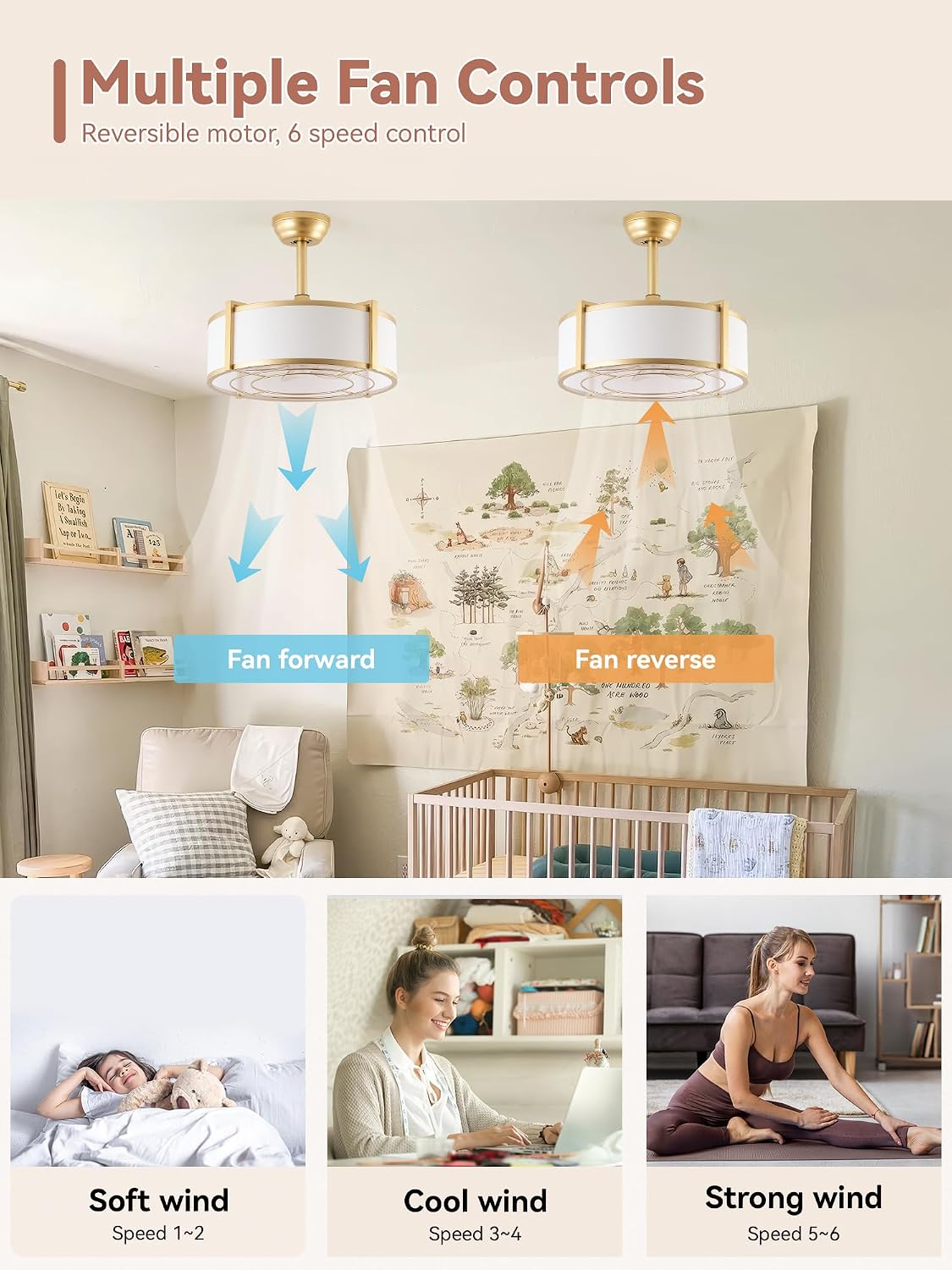 20' Gold Fandelier Ceiling Fans with Lights, Boho Rattan Ceiling Fan with Light Remote Control, Caged Mid-Century Modern with 6 Speeds for Bedroom, Nursery, Living Room