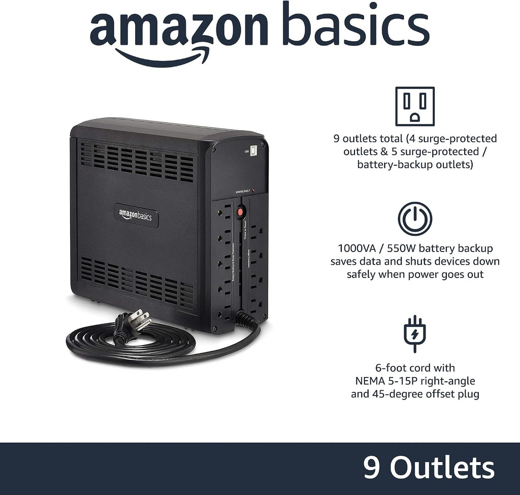 Amazon Basics UPS Battery Backup & Surge Protector, 1000VA/550W, 9 Outlets, Line Interactive Uninterruptible Power Supply with AVR Sinewave Technology, Black
