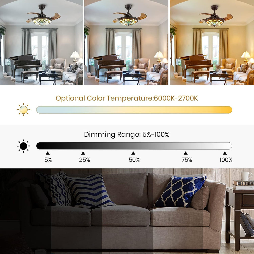 Siljoy 36' Tiffany Ceiling Fan with Lights, Stained Glass Ceiling Fan Vintage Ceiling Fan with Remote Control Dimmable Fandelier with 4 Retractable Reverse Blades for Bedroom, Living and Dining Room