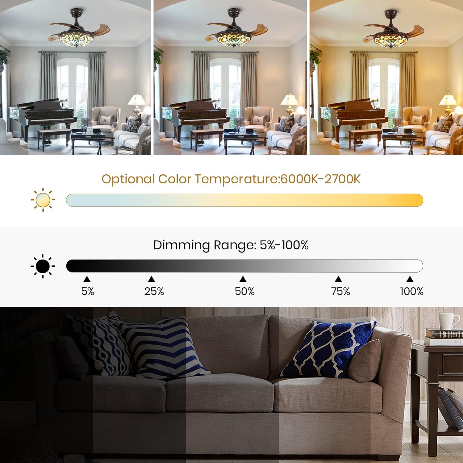 Siljoy 36' Tiffany Ceiling Fan with Lights, Stained Glass Ceiling Fan Vintage Ceiling Fan with Remote Control Dimmable Fandelier with 4 Retractable Reverse Blades for Bedroom, Living and Dining Room