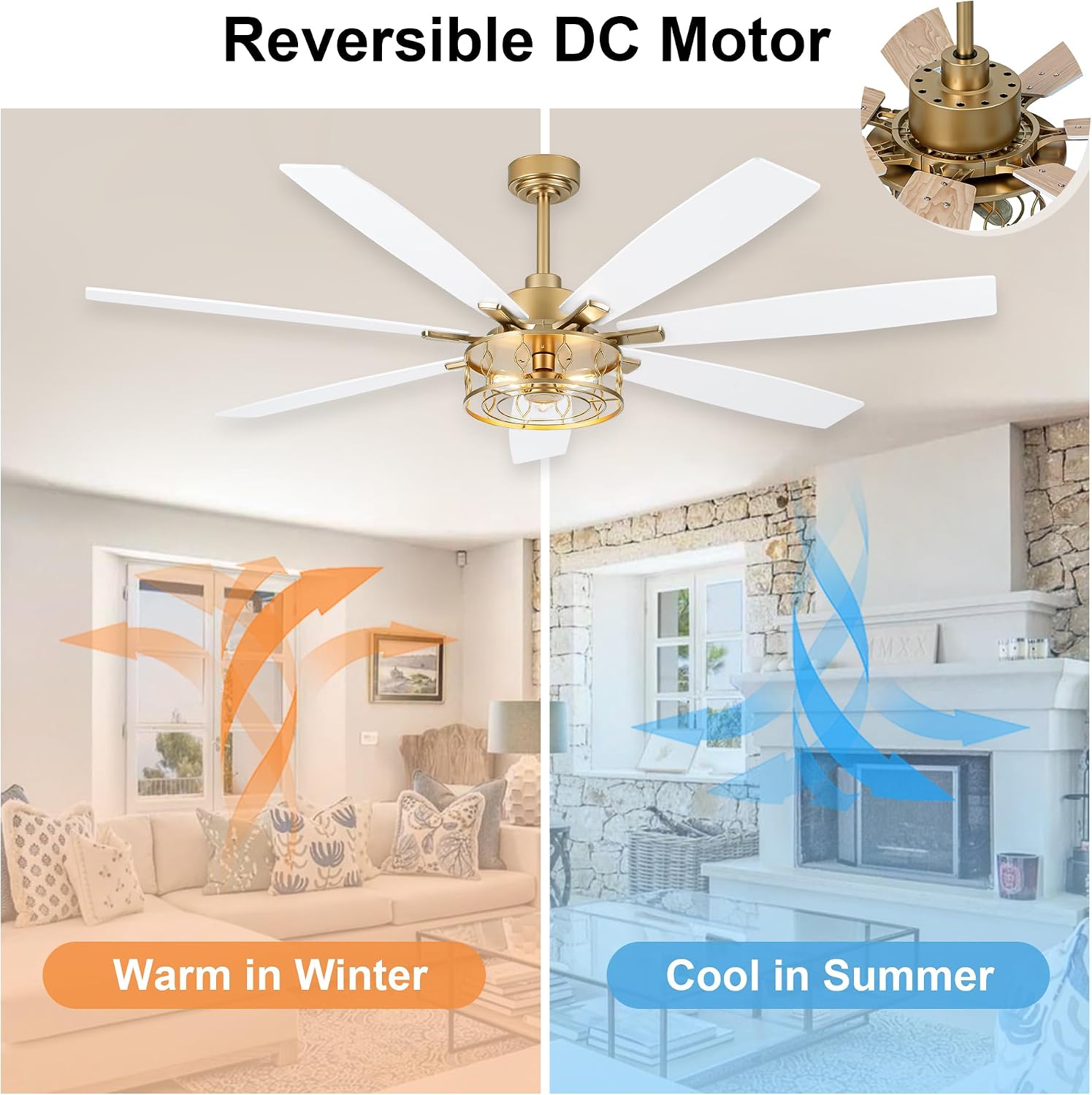 72 Inch White and Gold Ceiling Fan with Lights Fandelier Ceiling Fan Modern Caged Chandelier Farmhouse Fandeliers with Lights and Remote for Living Room Indoor Outdoor, Reversible 6 Speeds