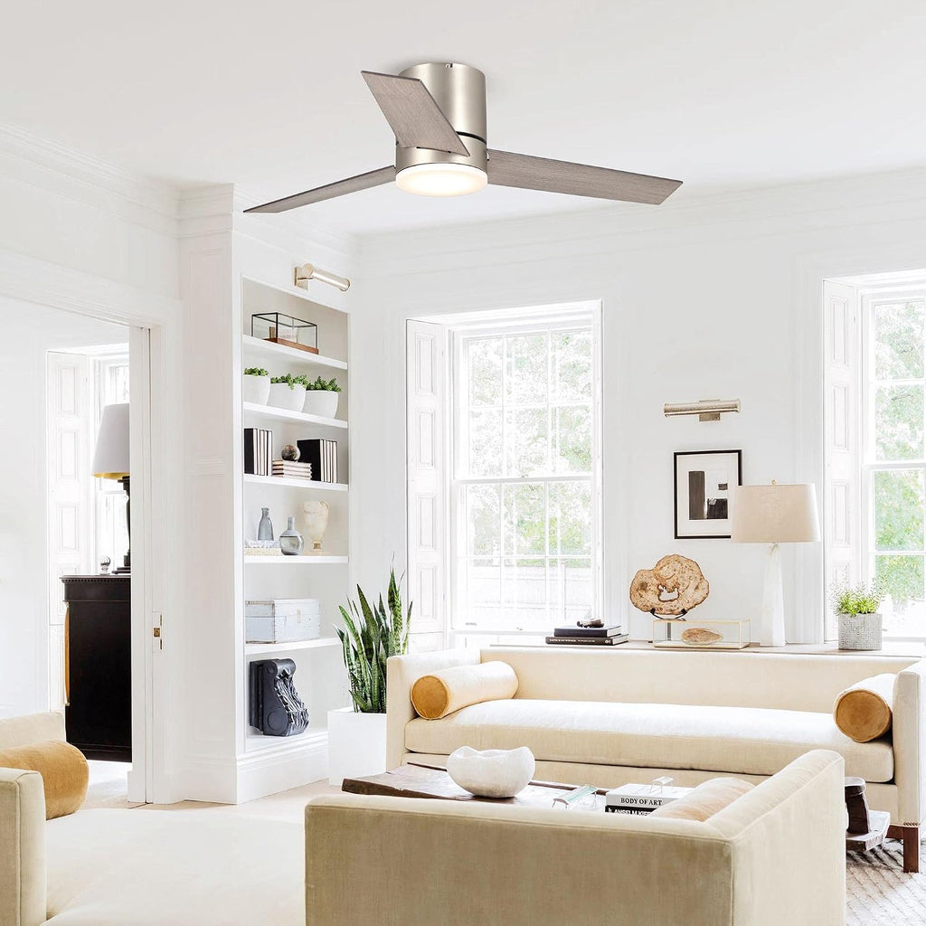Low Profile Ceiling Fans with Lights and Remote, 48 Inch Bedroom Ceiling Fans Flush Mount, Indoor/Outdoor Fans for Patios, Reversible 3 Blades, Noiseless, Color Temp Adjusted, DOE ETL Tested (Nickel)