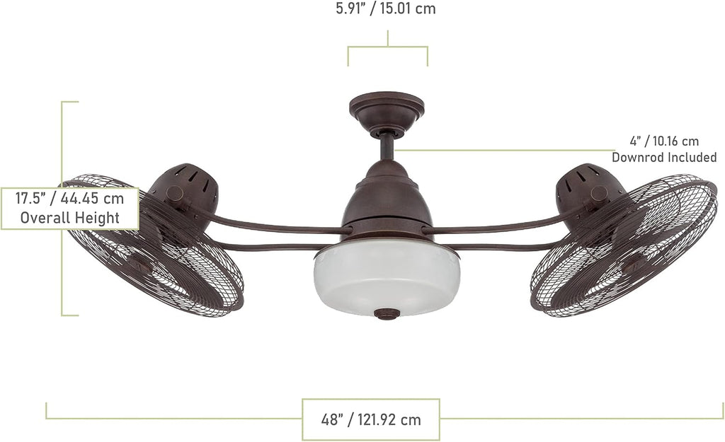 Craftmade 48' Bellows II BW248AG6 Outdoor Damp Rated Dual Head Ceiling Fan, Aged Bronze Finish, Integrated Light Kit, 2 x Dimmable 9W LED Bulbs, Optional Cap Included; Remote and Wall Control Included