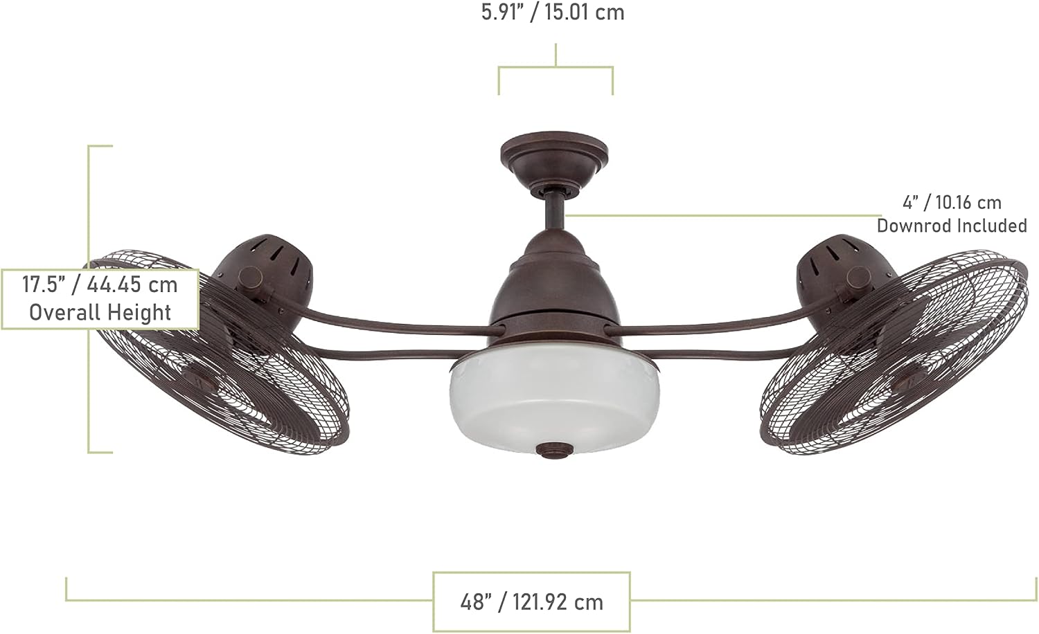 Craftmade 48' Bellows II BW248AG6 Outdoor Damp Rated Dual Head Ceiling Fan, Aged Bronze Finish, Integrated Light Kit, 2 x Dimmable 9W LED Bulbs, Optional Cap Included; Remote and Wall Control Included