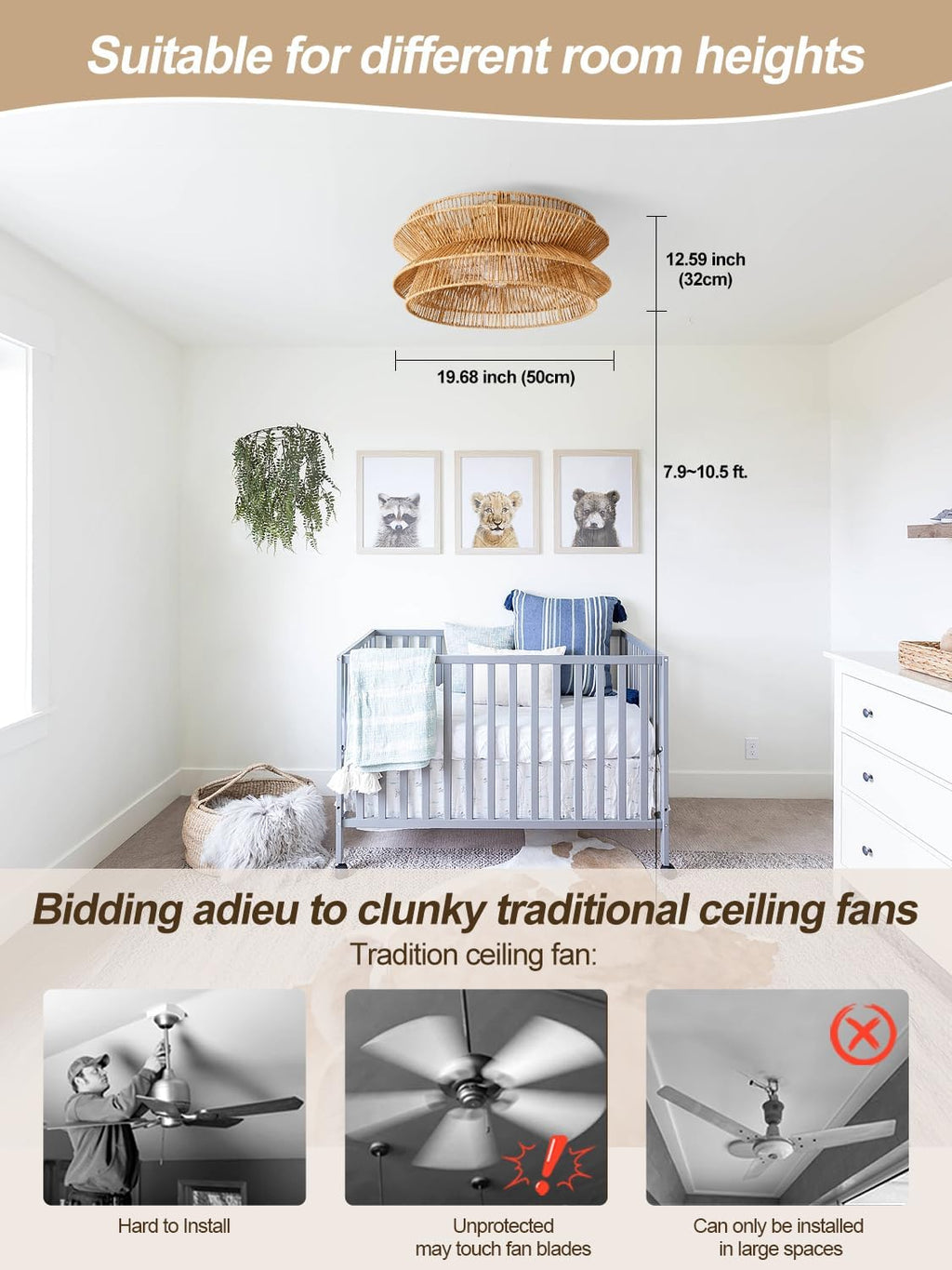 Boho Ceiling Fan with Light, 20'' Coastal Caged Ceiling Fans with Lights and Remote Control, Rattan Flush Mount Fandelier with Reversible 6 Speeds, Low Profile for Bedroom Living Room Dining Room