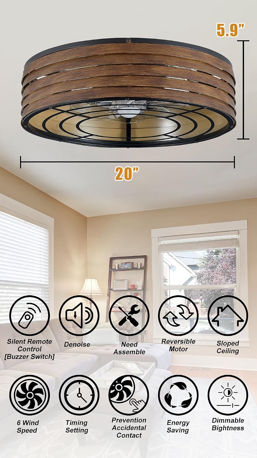 20'' Flush-Mount Ceiling Fan with Light and Remote, Reversible Motor, Perfect for Bedroom, Living Room, Kitchen, Outdoor Gazebo, Patio, Low-Profile Design Cage (Wooden Walnut)
