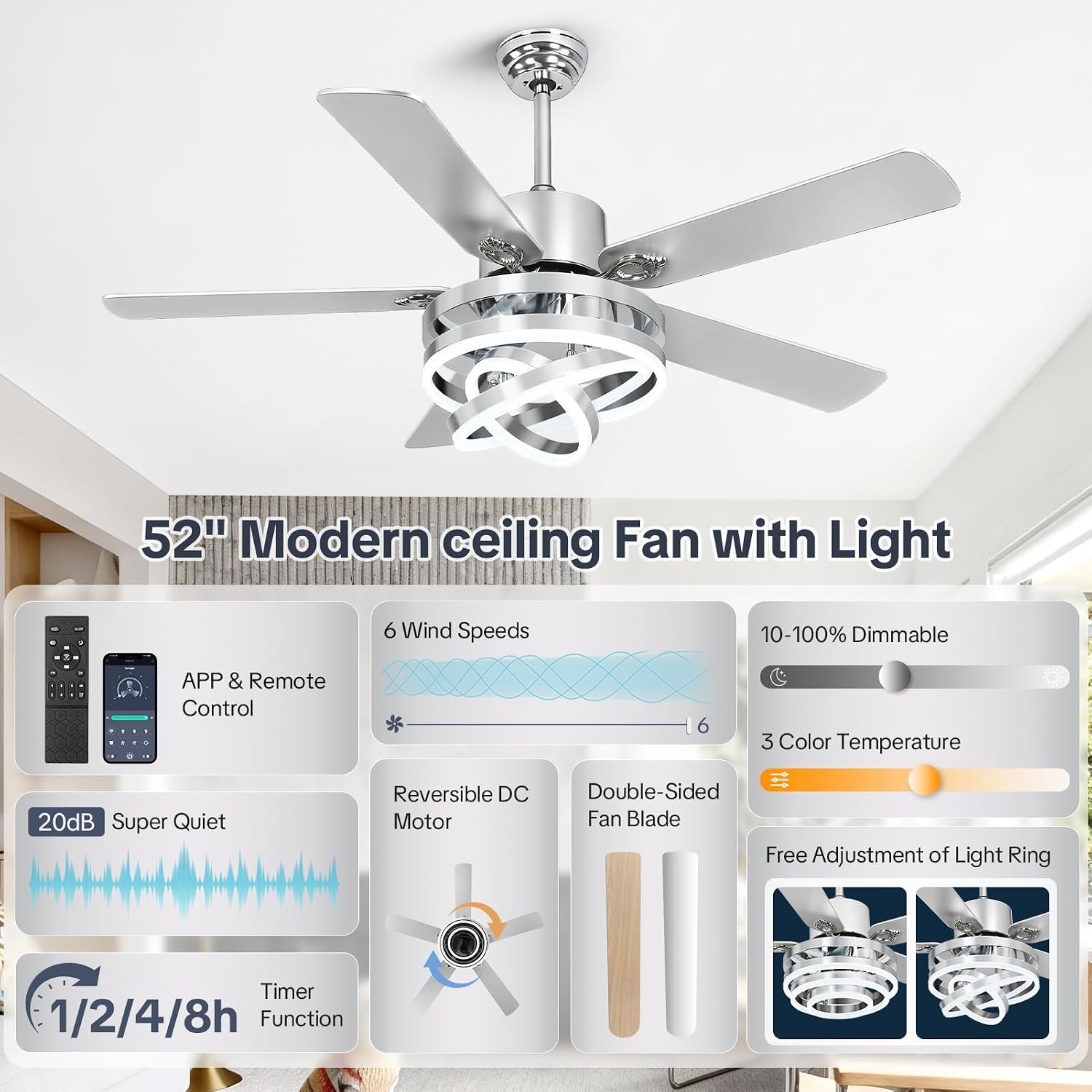 52' Ceilling Fan with Light Chandelier Fan Modern DC Motor Dimmable Led Fandelier Ceiling Fan with Light for Bedroom, Living Room Silver