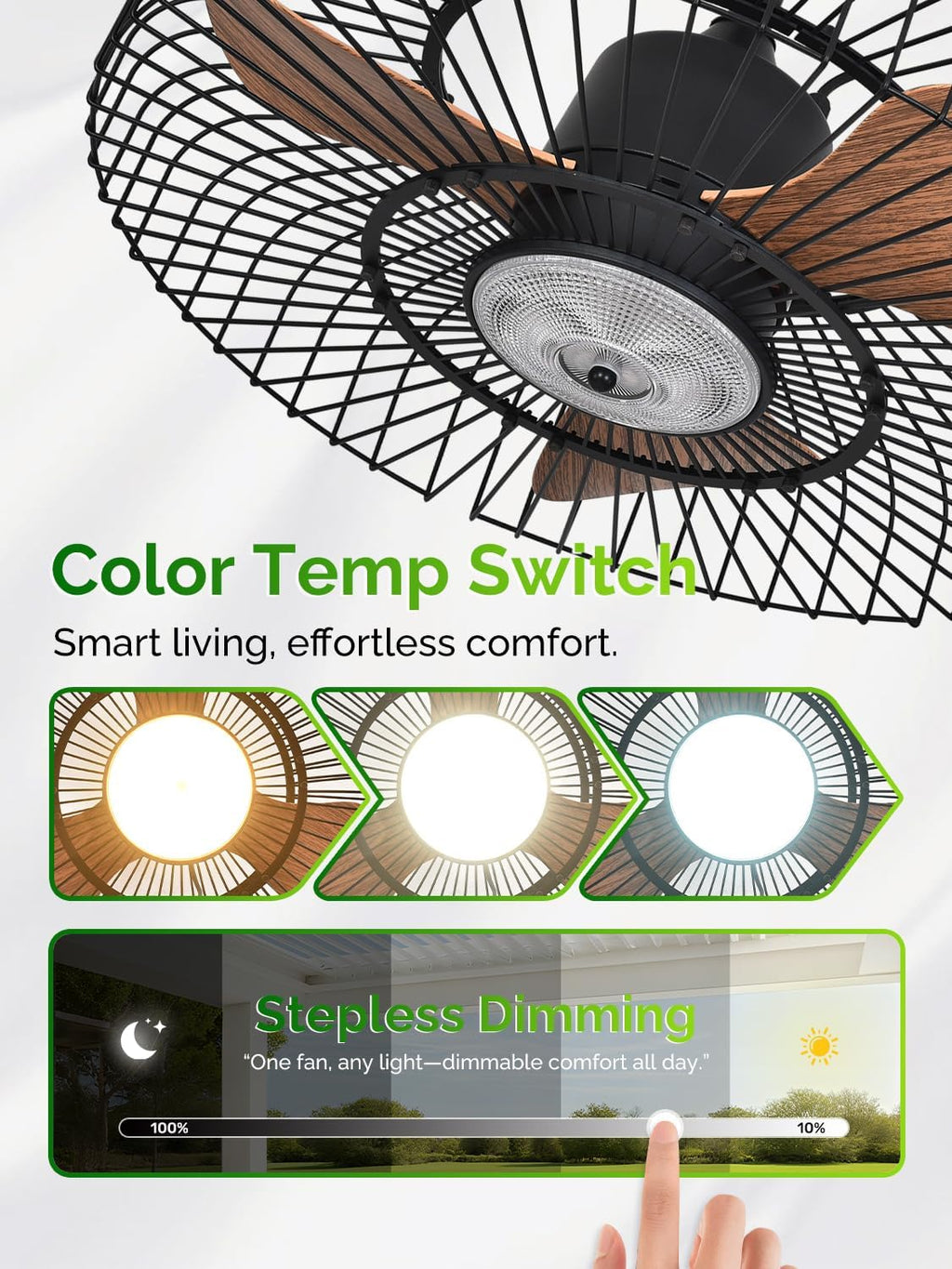 Orison Outdoor Ceiling Fans with Lights for Patio, 24' Weatherproof Ceiling Fan, Gazebo Fan Remote & APP Control, 3CCT Dimmable,Caged Plug in Ceiling Fan with Hanging Hook for Pergola Porch Canopy