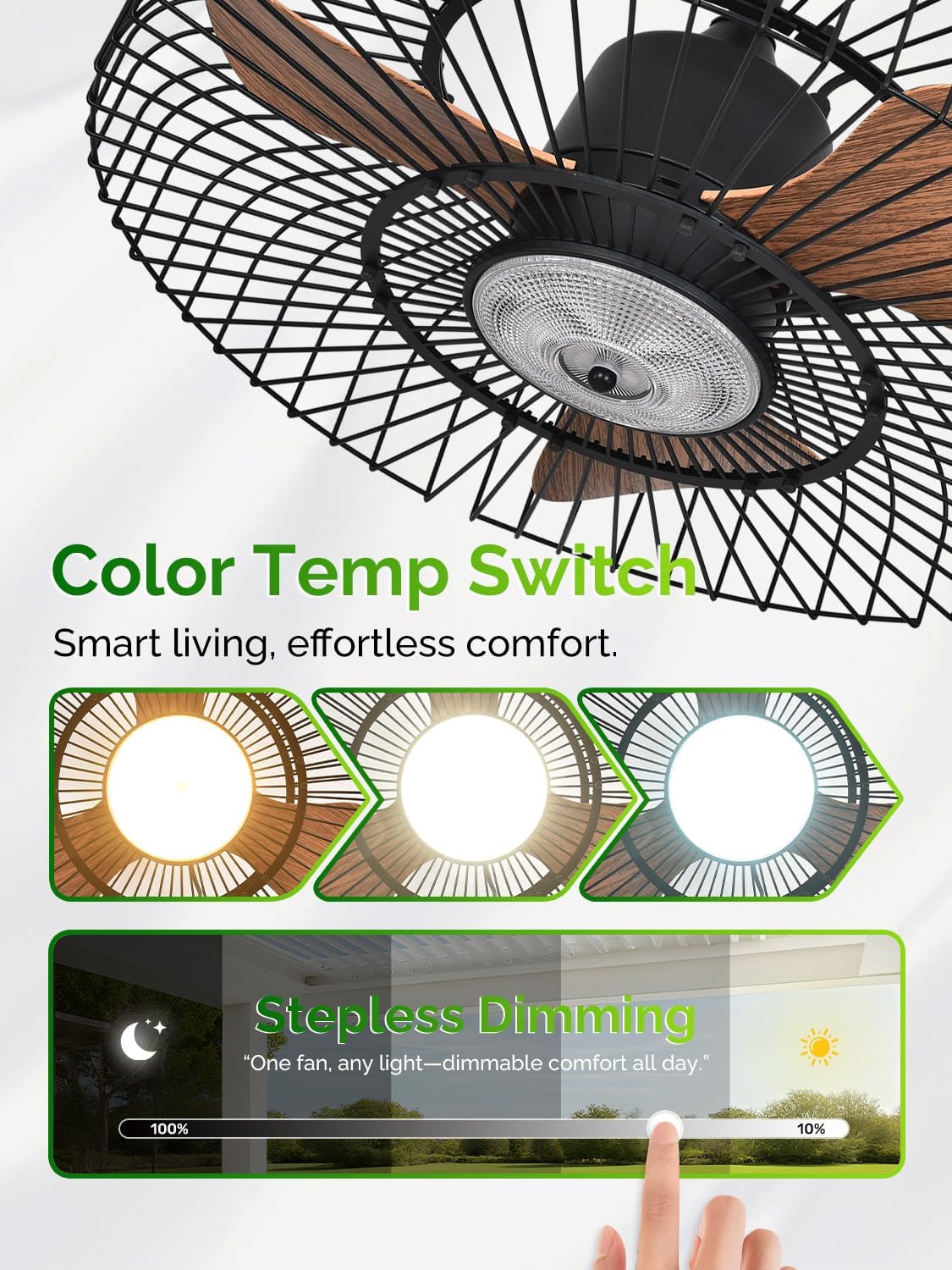 Orison Outdoor Ceiling Fans with Lights for Patio, 24' Weatherproof Ceiling Fan, Gazebo Fan Remote & APP Control, 3CCT Dimmable,Caged Plug in Ceiling Fan with Hanging Hook for Pergola Porch Canopy