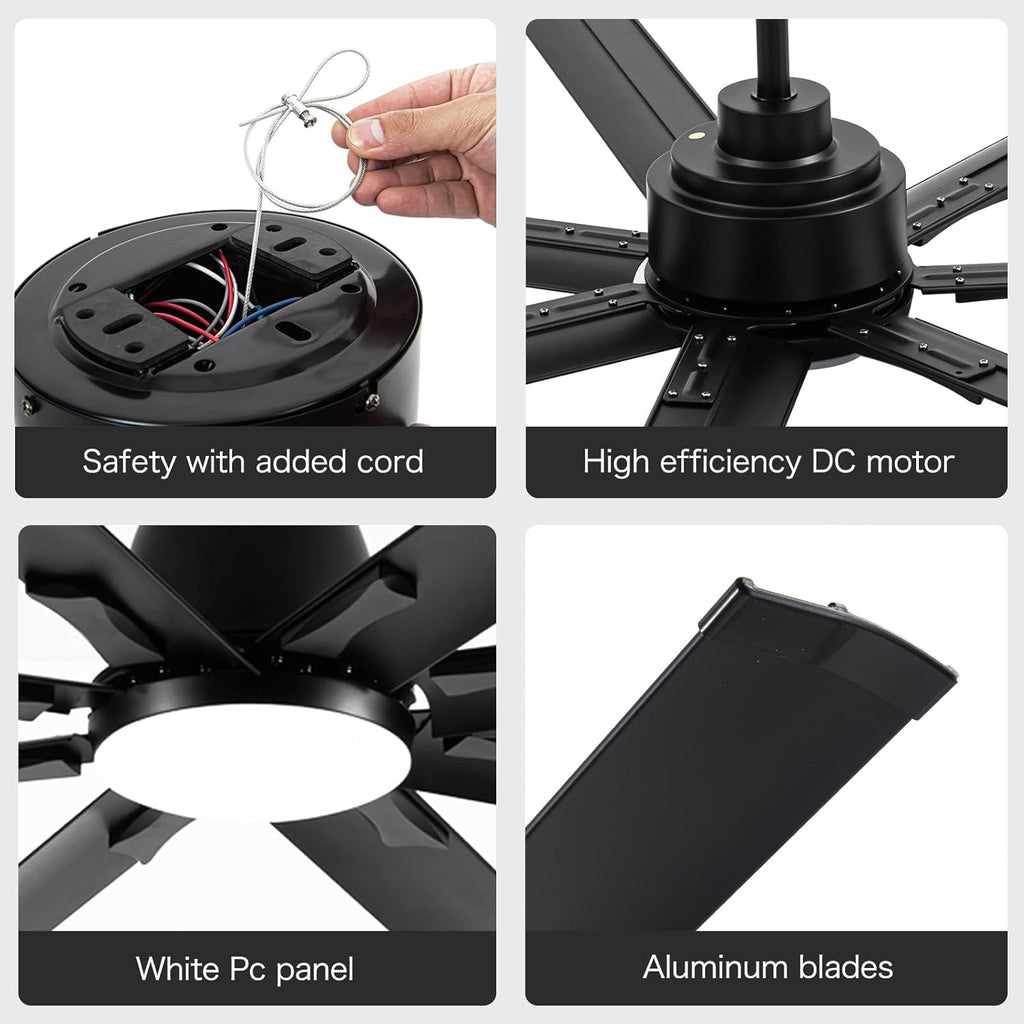 Minislak 96' Industrial & Commercial HVLS 7 Black Aluminum Blades Ceiling Fan with Light and Compatible Alexa,High CFM Brushless Motor,6-Speed,Indoor Outdoor Ceiling Fan for Patio,Garage,Shop,Library