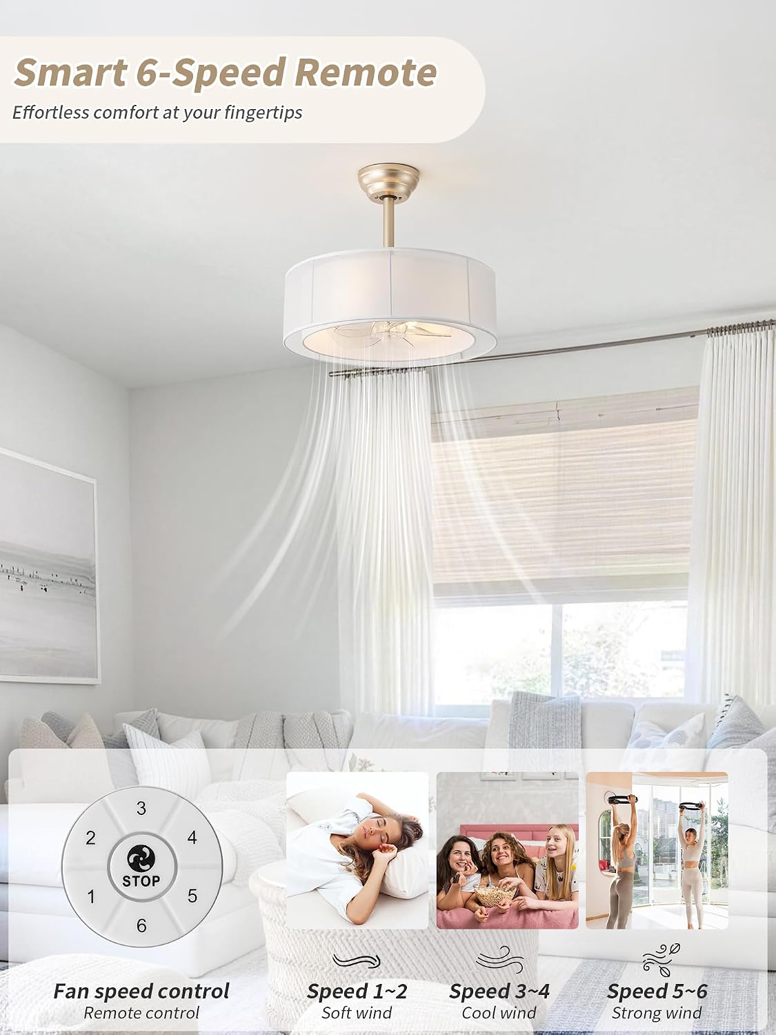 20' Caged Fandelier Ceiling Fans with Lights, Gold Boho Chandelier Ceiling Fan with Light Remote Control with 6 Speeds for Bedroom, Living Room, Nursery