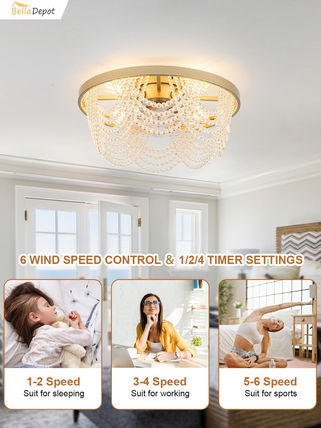 Bella Depot 20' Boho Ceiling Fan with Light, Flush Mount Beaded Fandelier Chandelier Fan, 6 Speeds Reversible Bladeless Ceiling Fan for Bedroom Living Room Kitchen (Crystal)