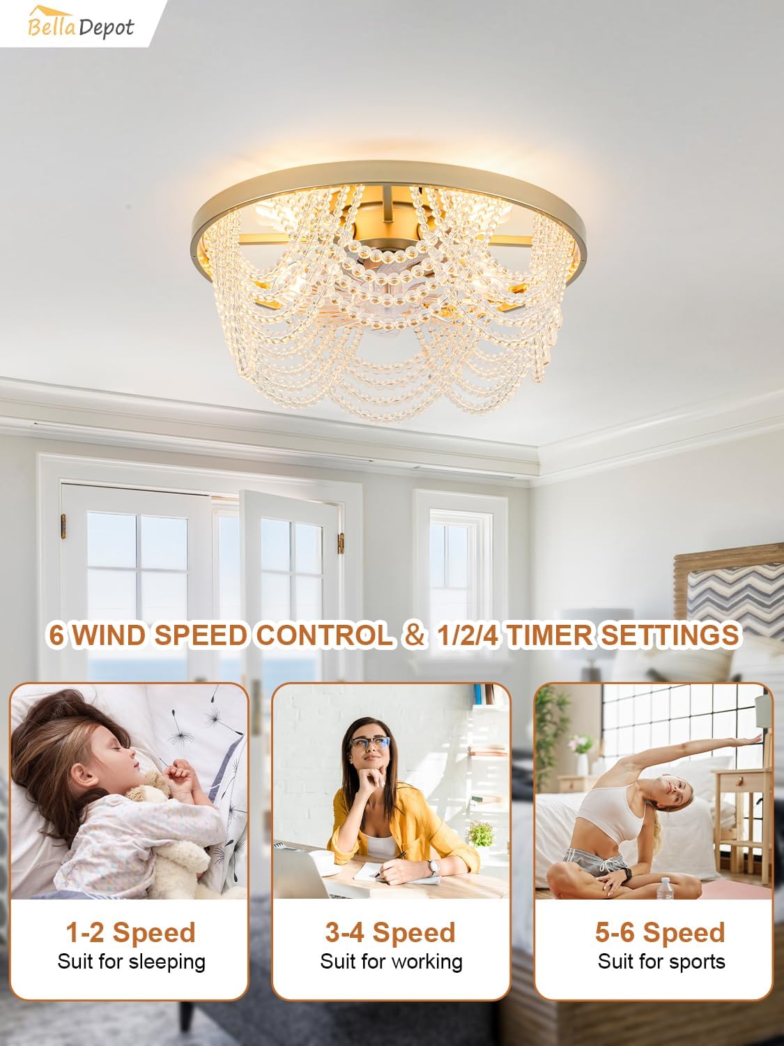 Bella Depot 20' Boho Ceiling Fan with Light, Flush Mount Beaded Fandelier Chandelier Fan, 6 Speeds Reversible Bladeless Ceiling Fan for Bedroom Living Room Kitchen (Crystal)