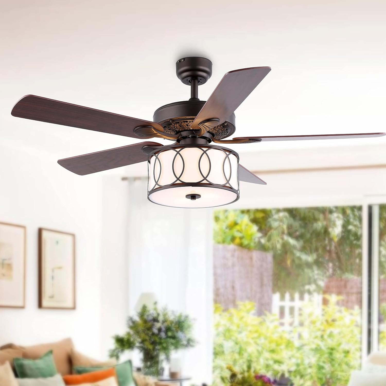 JONATHAN Y 52' Oil Rubbed Bronze/White Modern Glam LED Ceiling Fan with Remote, 3-Light Indoor Fan with 5 Reversible Blades, White Fabric Drum Shade for Living Room, Bedroom, ETL Listed (JYL9607B)
