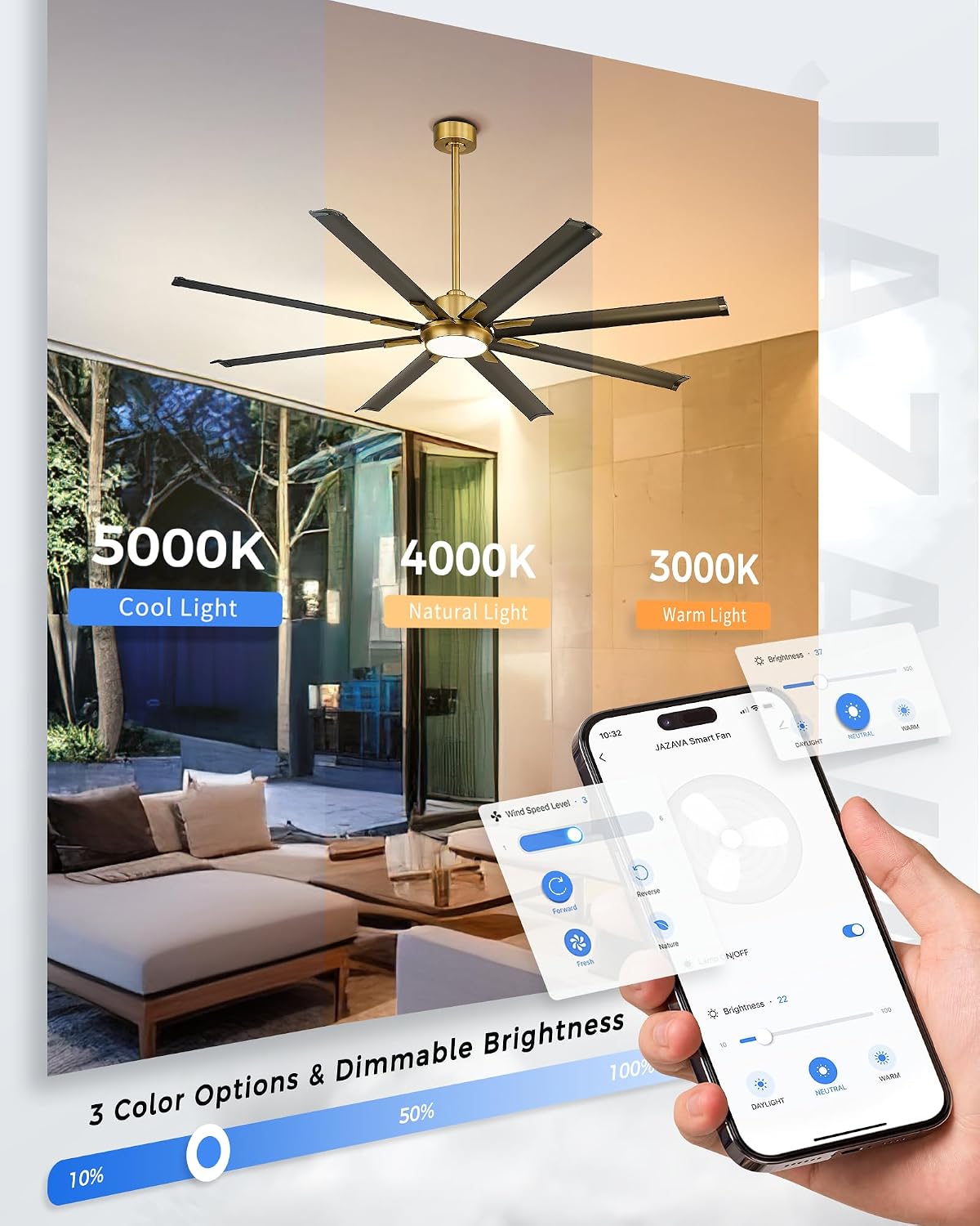 Industrial Ceiling Fan With Light,72 Inch Black & Gold Ceiling Fan With 8 Aluminium Metal Blades,Works with Voice Control,Ideal for Covered Outdoor Spaces,CF04BGB-72