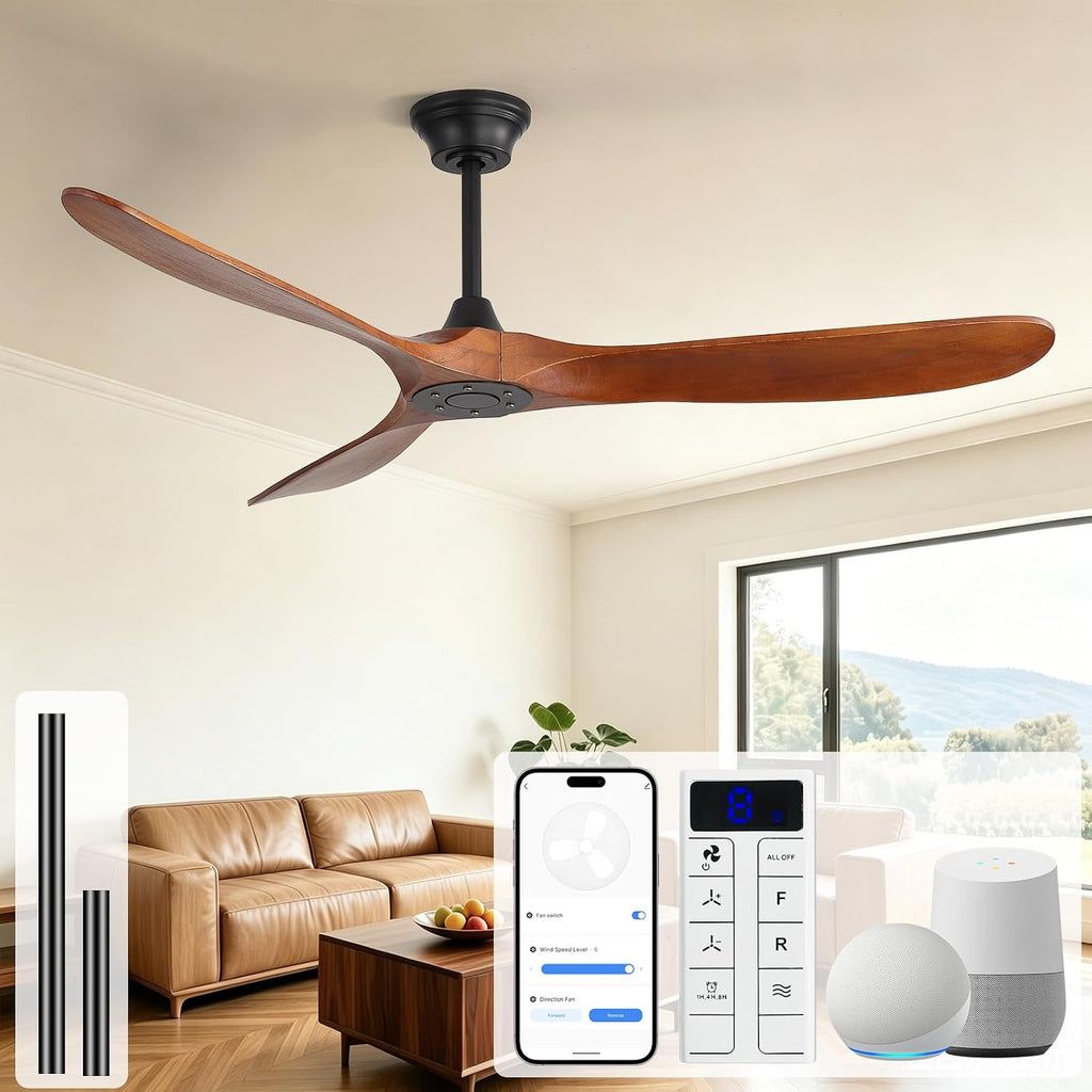 Sofucor 60 Inch Smart Ceiling Fans without Lights-Outdoor Modern Smart Ceiling Fan with Alexa/Google/APP/Remote Control, Reversible Quiet DC Motor,Wood Blade Ceiling Fan for Living Room/Farmhouse
