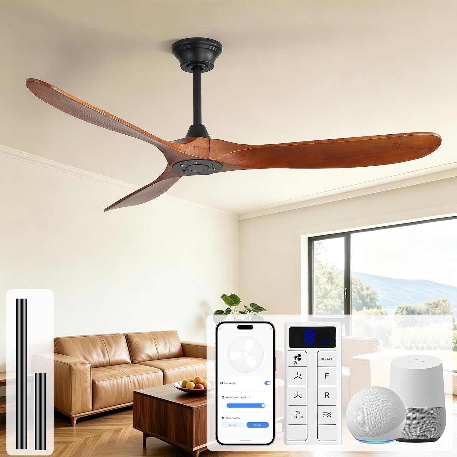 Sofucor 60 Inch Smart Ceiling Fans without Lights-Outdoor Modern Smart Ceiling Fan with Alexa/Google/APP/Remote Control, Reversible Quiet DC Motor,Wood Blade Ceiling Fan for Living Room/Farmhouse