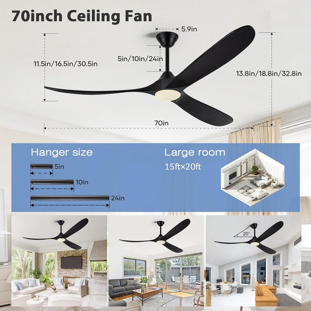 70 Inch Black Outdoor Ceiling Fan with Lights, Damp Rated for Patio Porch, High CFM Quiet DC Motor, 3 Solid Wood Propeller Blades, Modern Rustic Farmhouse Style, for Large Living Room Commercial Use
