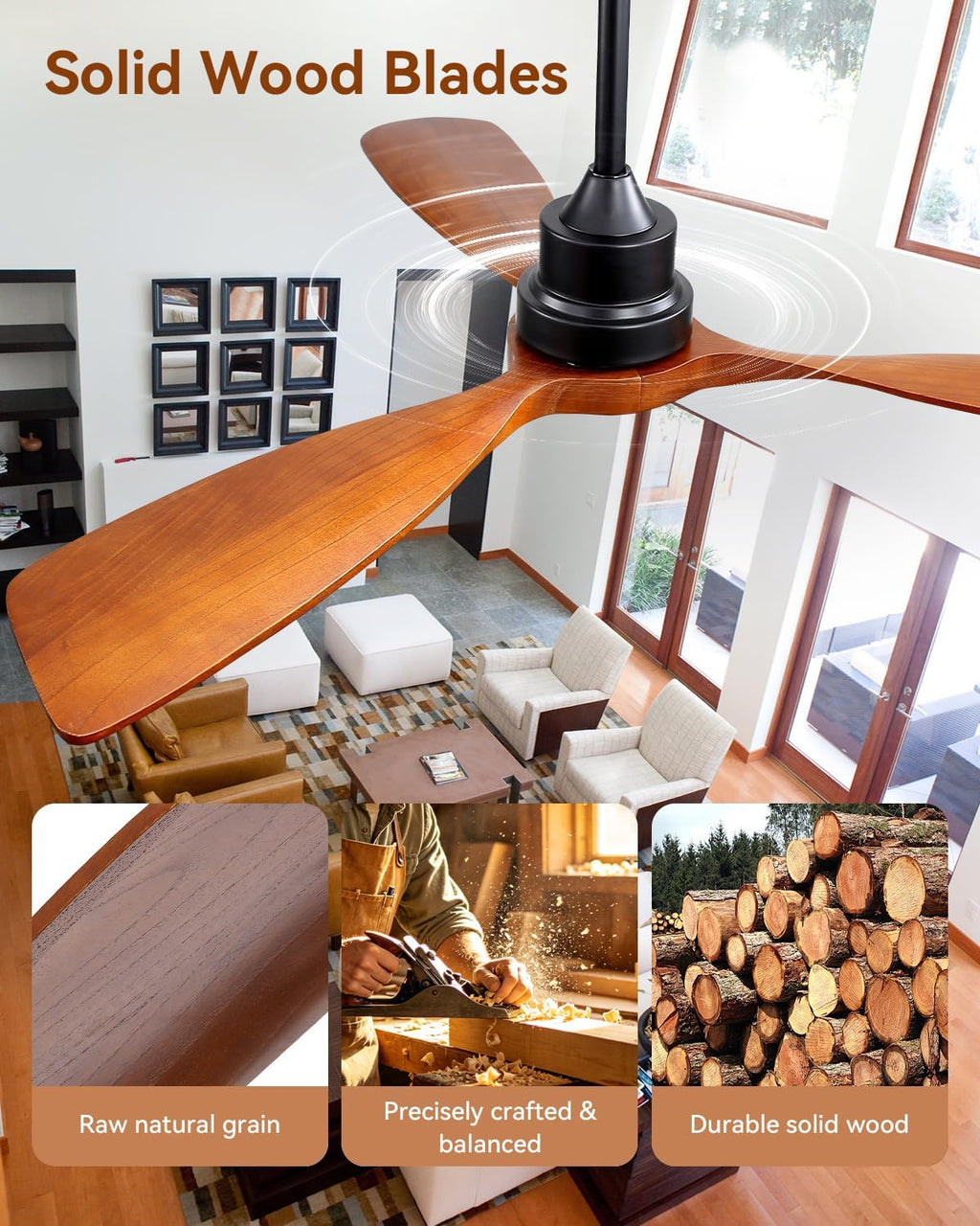 Sofucor 48 Inch Smart Ceiling Fan No Light-Outdoor Smart Ceiling Fan with Alexa/Google/APP/Remote Control,Walnut Wood Blades Ceiling Fan Without Light,Modern Ceiling Fan for Indoor Bedroom/Living Room