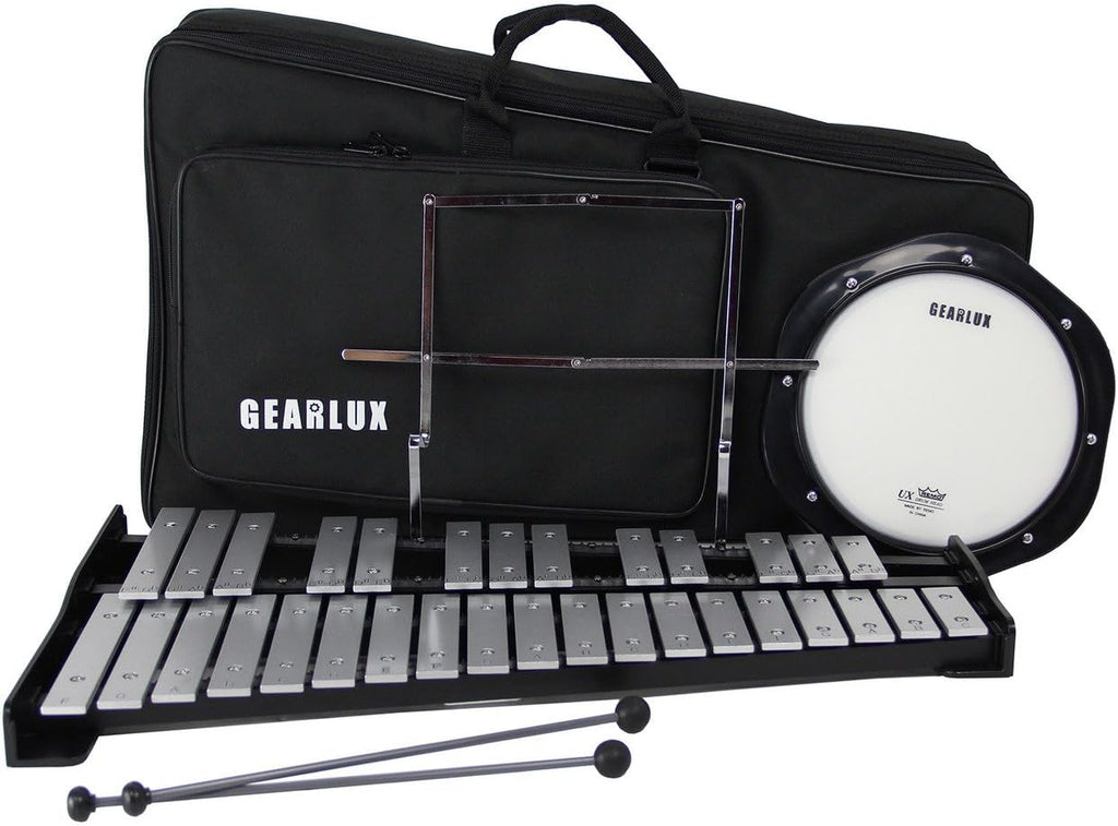 Gearlux 32-Note Glockenspiel Bell Kit with Adjustable Stand, Drum Practice Pad, Carrying Bag