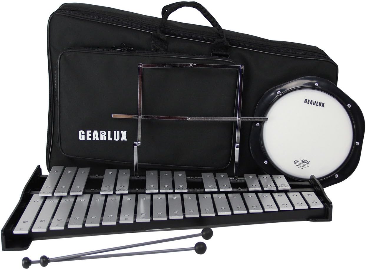 Gearlux 32-Note Glockenspiel Bell Kit with Adjustable Stand, Drum Practice Pad, Carrying Bag