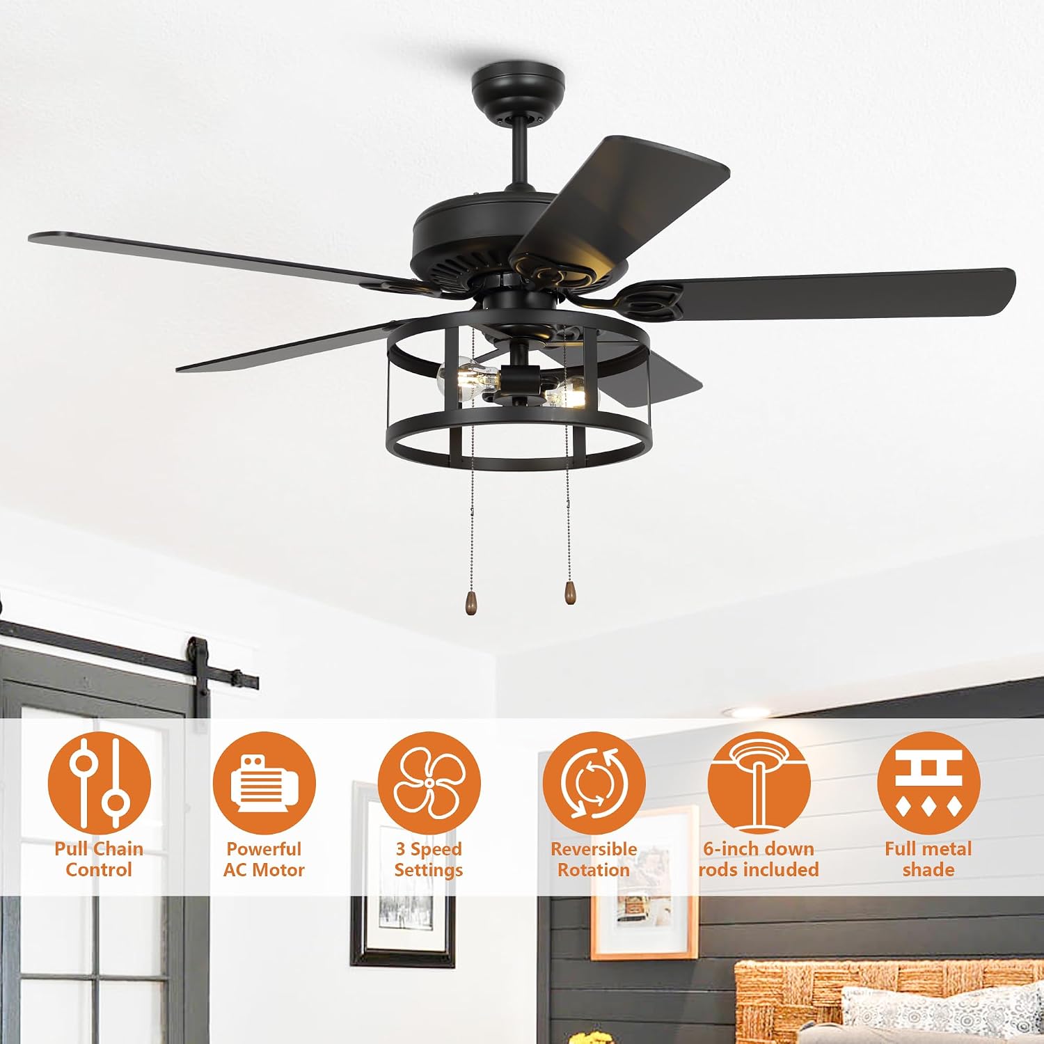 52 Inch Ceiling Fans with Lights, Farmhouse Black Ceiling Fan for Bedroom Living Room, Rustic Outdoor Ceiling Fans for Patios, Pull Chain Control, 3 Speeds, Reversible Airflow, ETL