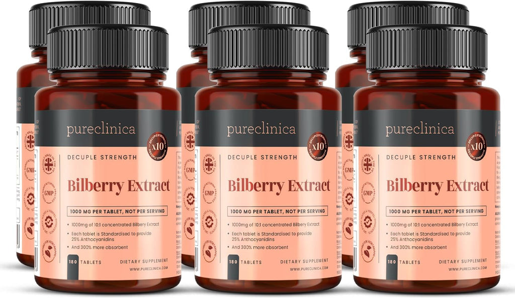 pureclinica Bilberry Extract – 1000mg (10:1) per Tablet – 1080 Tablets (6 x 180) – 36 Month Supply – High Strength