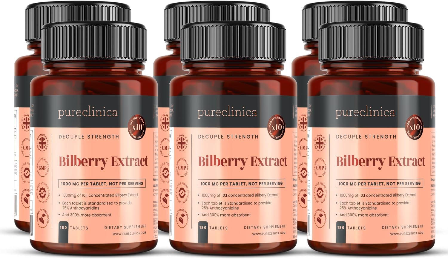 pureclinica Bilberry Extract – 1000mg (10:1) per Tablet – 1080 Tablets (6 x 180) – 36 Month Supply – High Strength