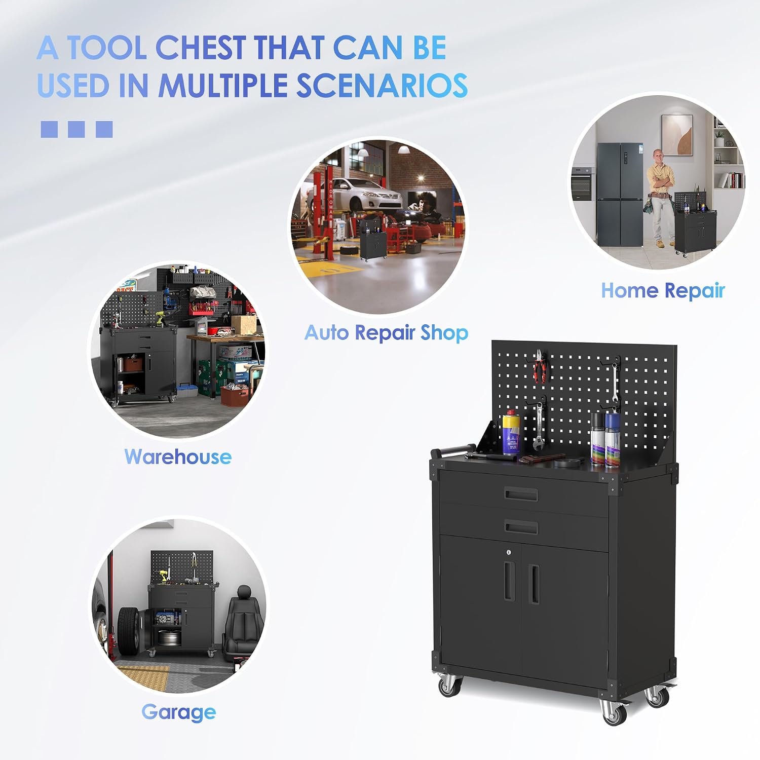 Tool Cart with Wheels and 2 Drawers, Metal Garage Storage Cabinet with Lockable Doors, Pegboard and 4 Hooks for Garage, Workshop, Tool Chest, Heavy Duty Work Bench, Black, Assembly Required
