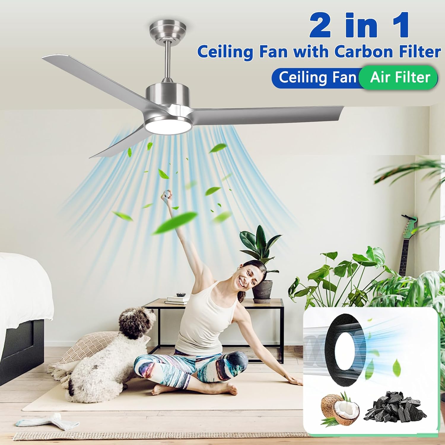 52 Inch Modern Silver Ceiling Fan with Filters Lights Remote Control, Quiet DC Motor/Dimmable 3 Color LED/6 Speed High CFM/3 Blade Indoor Ceiling Fans for Bedroom/Living Room