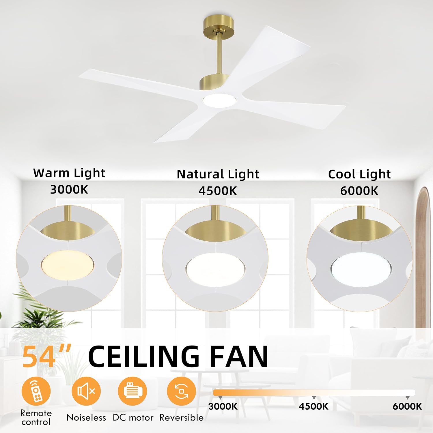 WINGBO 54' Wet Rated Outdoor Ceiling Fan with Lights, 4 ABS Plastic Blades, Reversible DC Motor, 6-Speed Remote Control, 3 CCT, Waterproof Ceiling Fan for Patio Porch Gazebo Garage, Brass and White