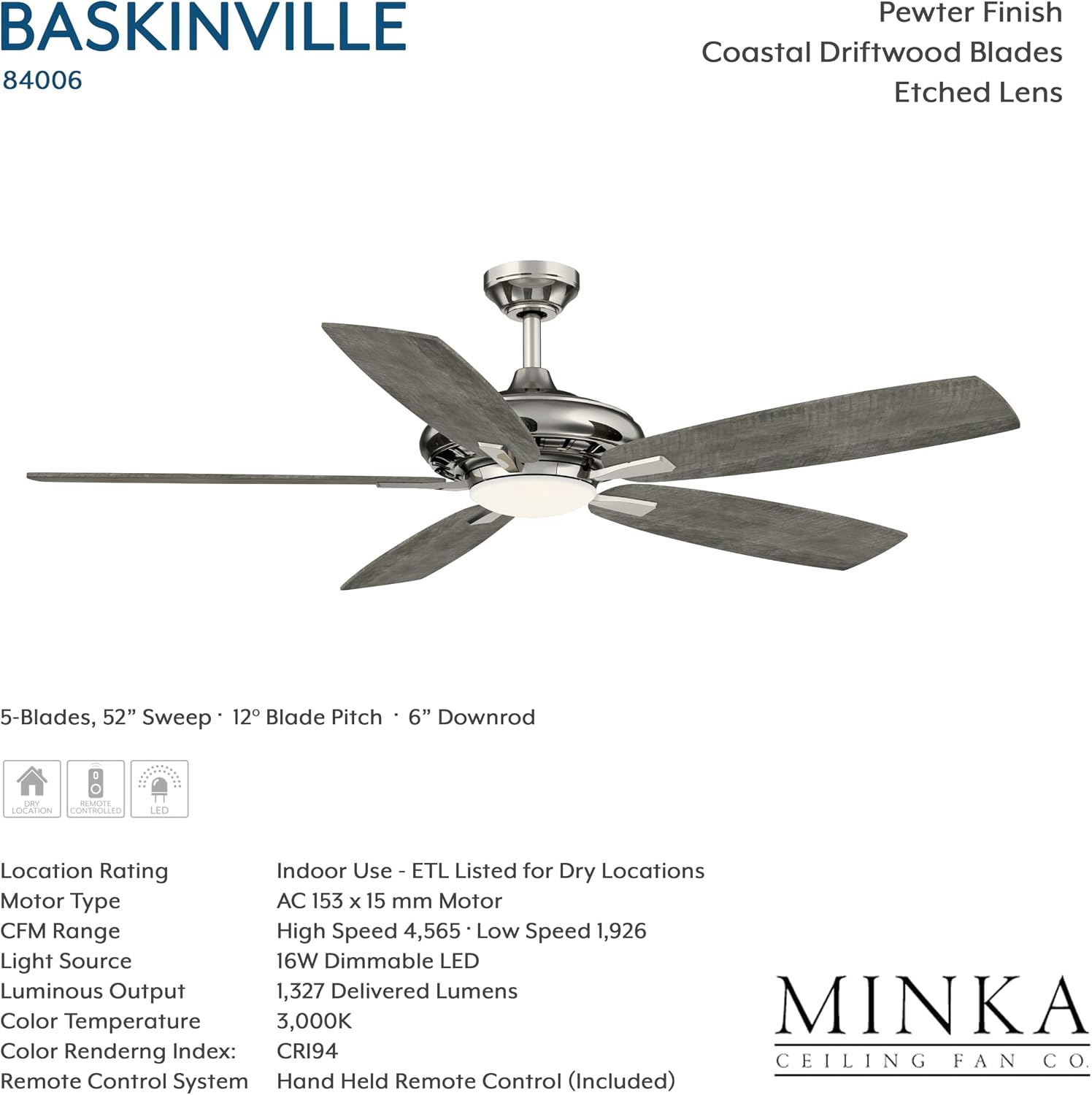 Baskinville 52-Inch Integrated LED Ceiling Fan with Light and Remote - Pewter with 5 Coastal Driftwood Blades by Minka Ceiling Fan Co.