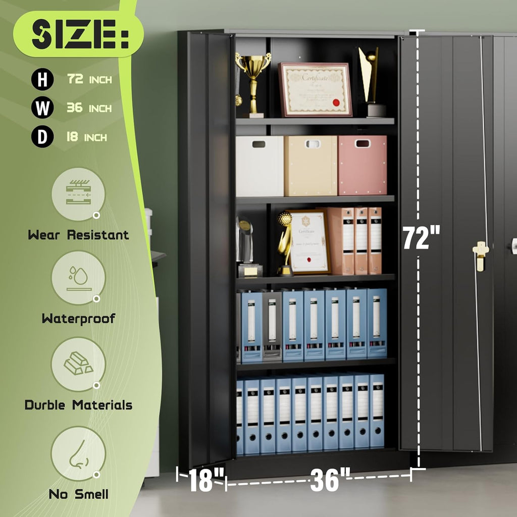 Oakcloud 72' Metal Storage Cabinet Tool Organizer, Lockable Garage Storage Tool Cabinets for Office, Home, School, Locking File Cabinet with 2 Doors and 4 Adjustable Shelves (72' Wide-Black)