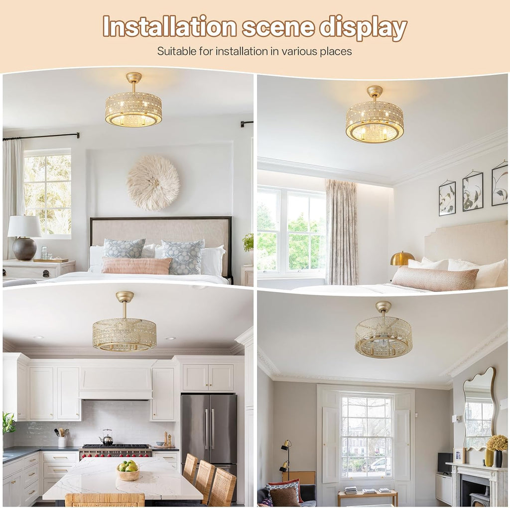 20' Gold Fandelier Ceiling Fan with Lights, Mid Century Gold Caged Ceiling Fans with Lights and Remote, Crystal with 6 Speeds for Bedroom, Living Room, Kitchen