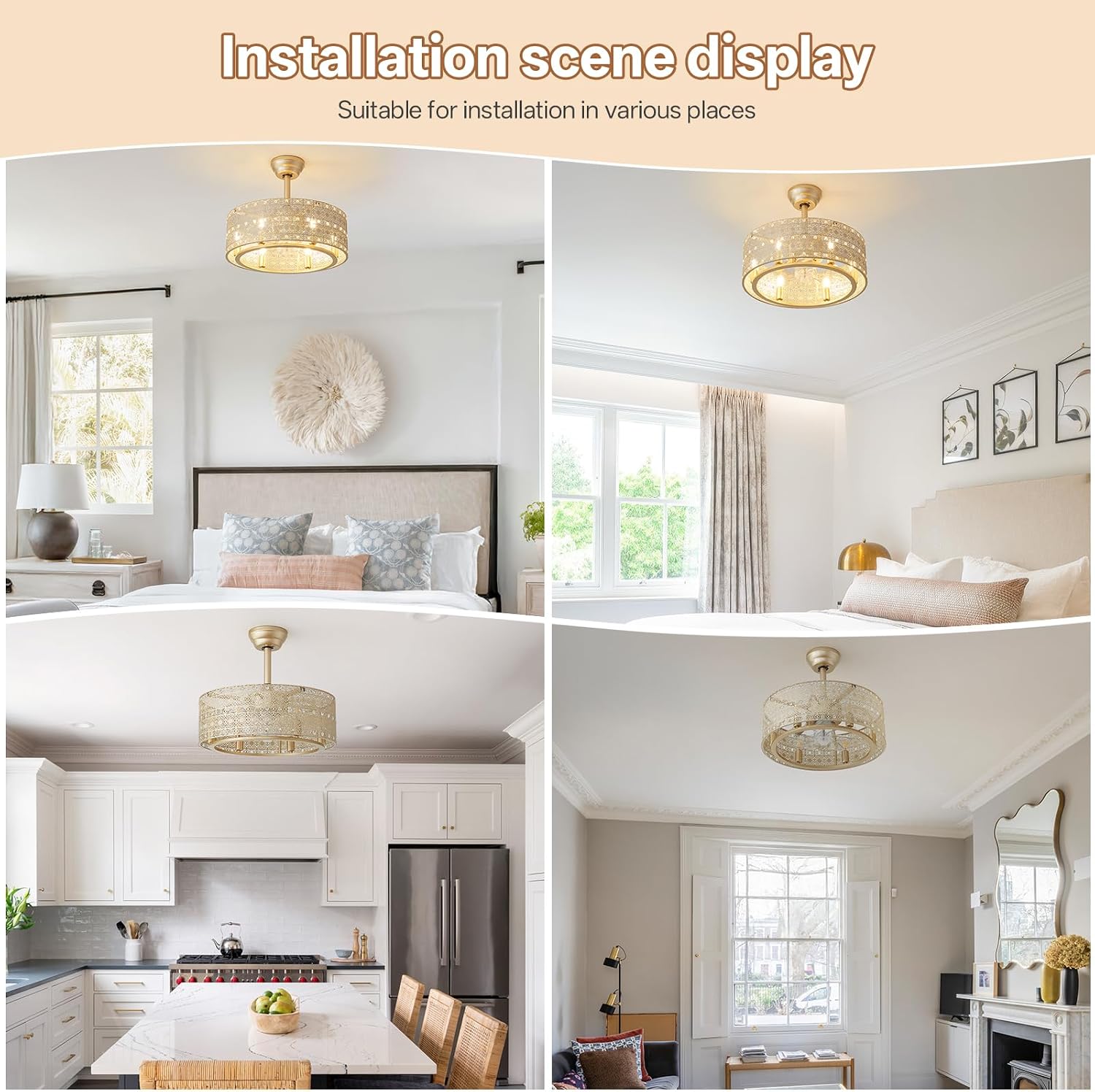 20' Gold Fandelier Ceiling Fan with Lights, Mid Century Gold Caged Ceiling Fans with Lights and Remote, Crystal with 6 Speeds for Bedroom, Living Room, Kitchen