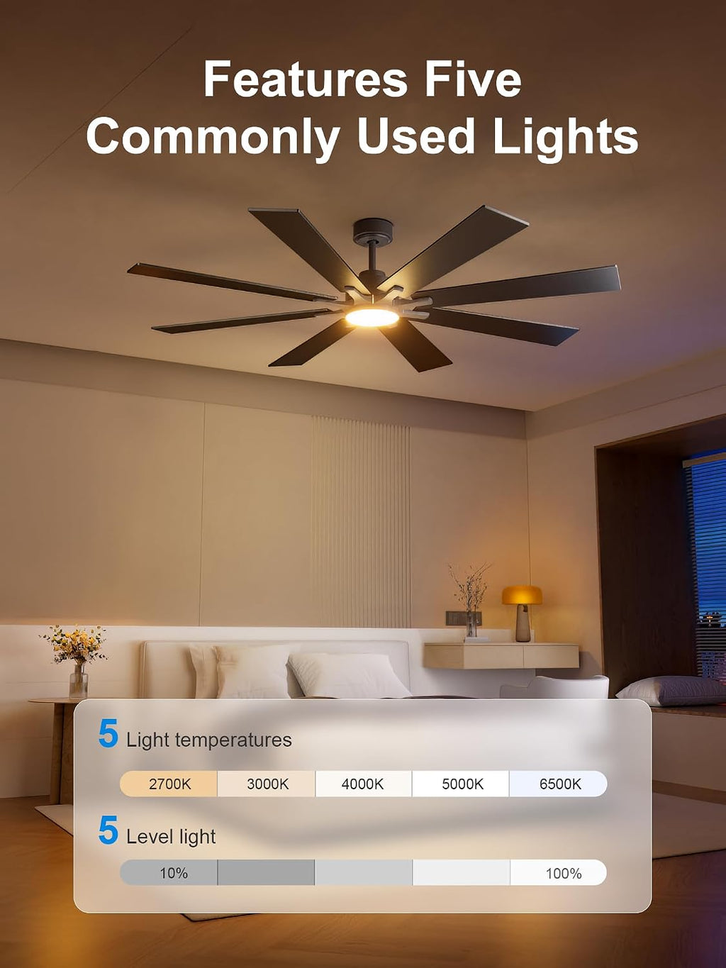 62 Inch Black Ceiling Fan with 5CCT Dimmable Light and Remote, Damp-Rated Indoor/ Outdoor for Patio Industrial Living Room -High CFM Quiet 6-Speed DC Motor, 8 Dual-Finish Blades with Timer 3 Downrods