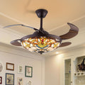 TFCFL 42 Inch Tiffany Style Invisible Ceiling Fan with Lights and Remote Control,Stained Glass Ceiling Fan Vintage Chandelier with Retractable Reverse Blades 6 Speeds 3 Light for Bedroom Living Room