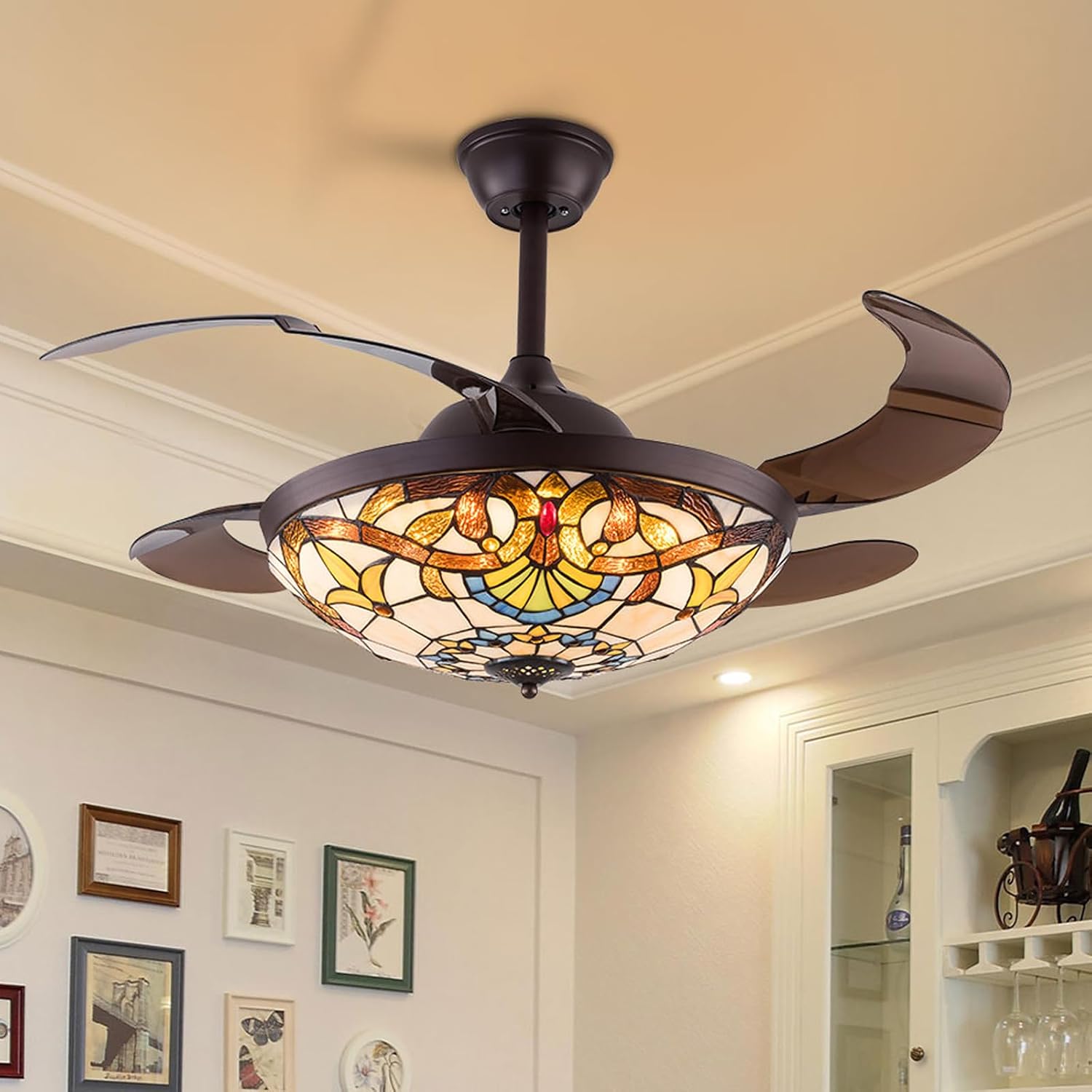 TFCFL 42 Inch Tiffany Style Invisible Ceiling Fan with Lights and Remote Control,Stained Glass Ceiling Fan Vintage Chandelier with Retractable Reverse Blades 6 Speeds 3 Light for Bedroom Living Room