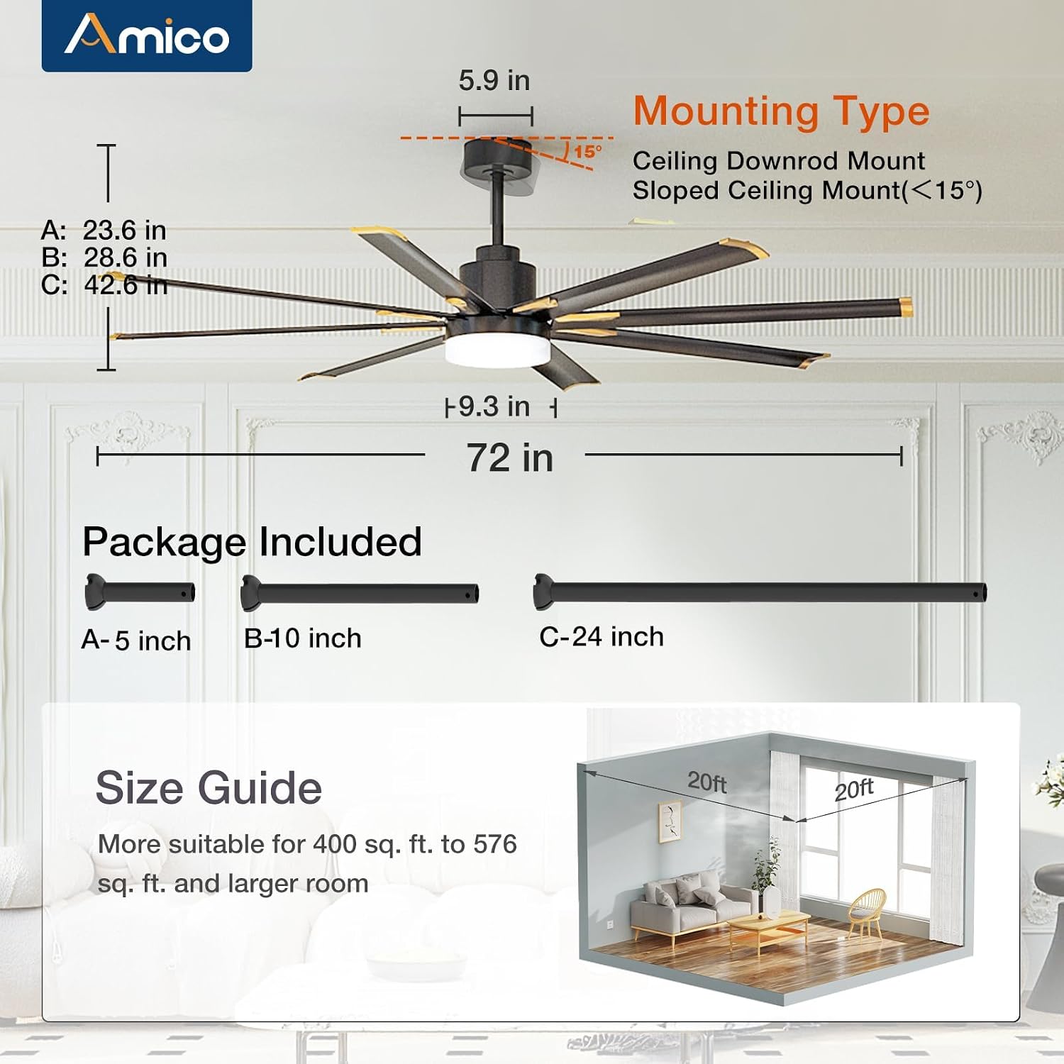 Amico 72 Inch Aluminum Ceiling Fan with Light, 8 Reversible Blades, Industrial Large Ceiling Fan with Quiet DC Motor, 6-Speed Remote Control, Indoor/Outdoor for Porch/Garage/Shop, Black