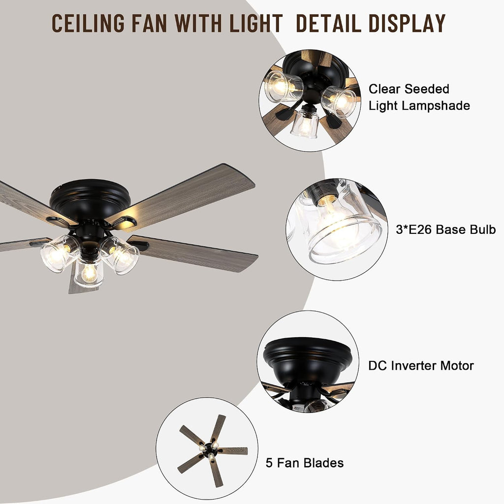 52' Flush Mount Ceiling Fan with Lights and Remote Control,Industrial Farmhouse Ceiling Fan,Reversible Quiet Motor,5 Wood Blades,3 Clear Glass Lights for Bedroom Living Room Kitchen