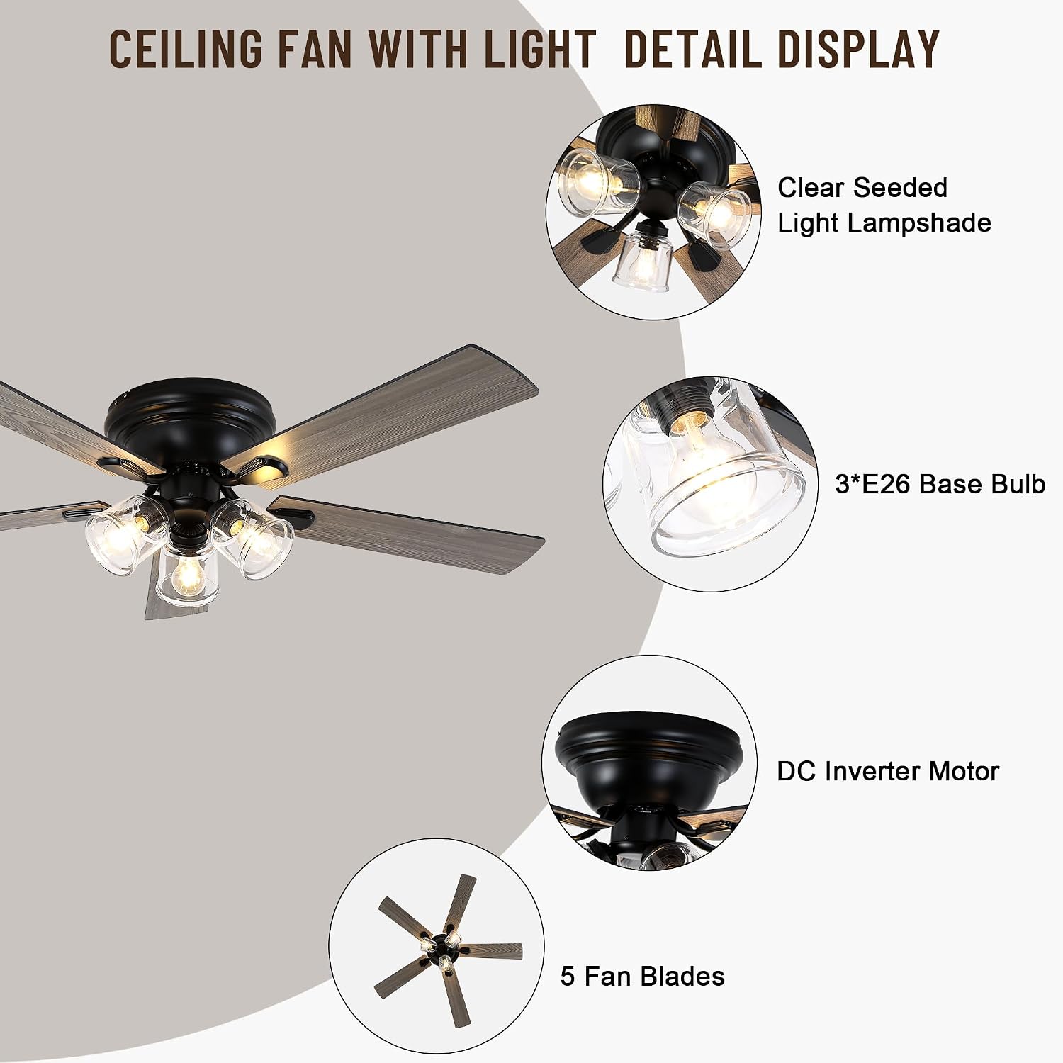 52' Flush Mount Ceiling Fan with Lights and Remote Control,Industrial Farmhouse Ceiling Fan,Reversible Quiet Motor,5 Wood Blades,3 Clear Glass Lights for Bedroom Living Room Kitchen