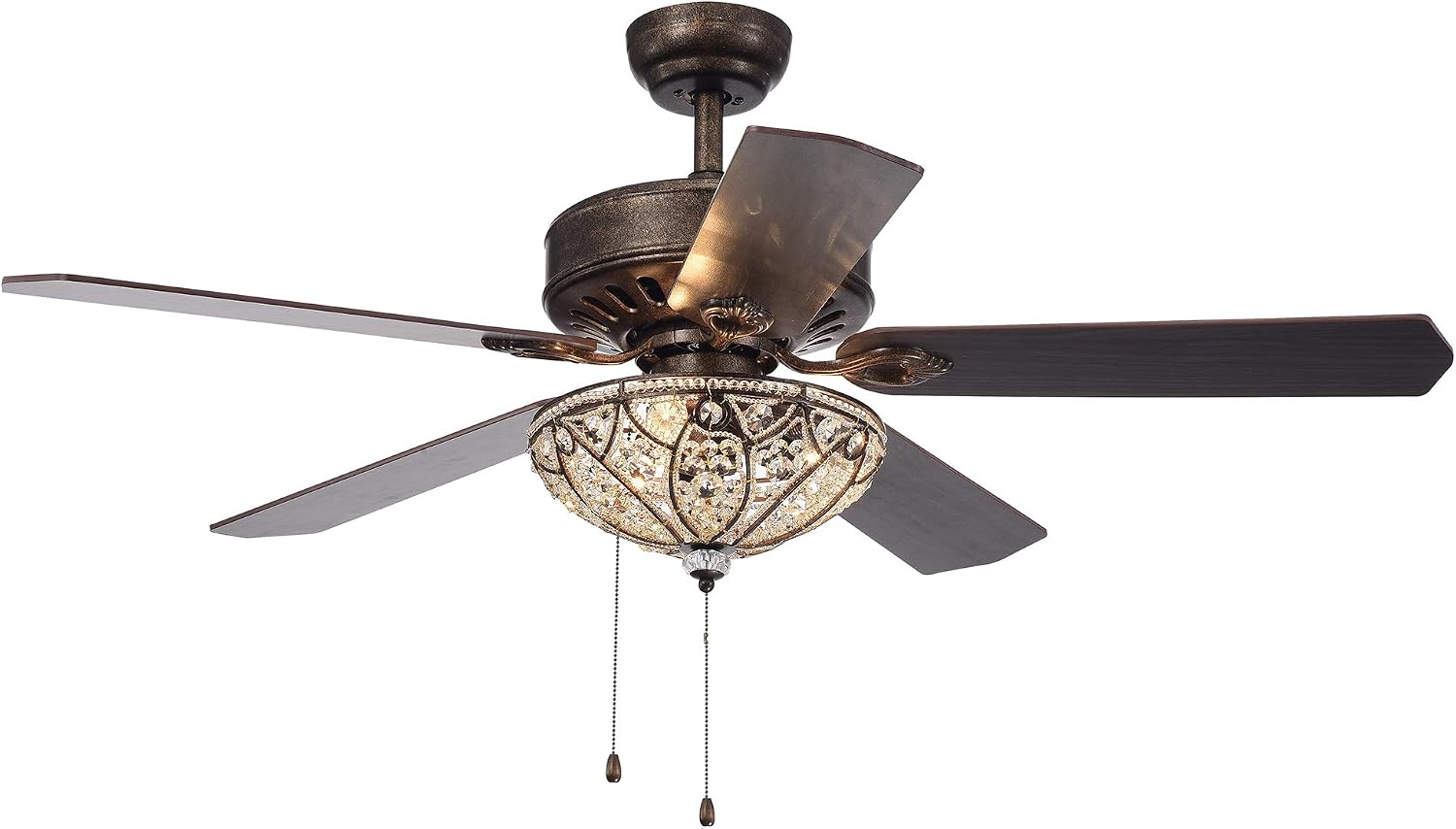 Gliska 52-Inch 5-Blade Rustic Bronze Lighted Ceiling Fans w Crystal Shade