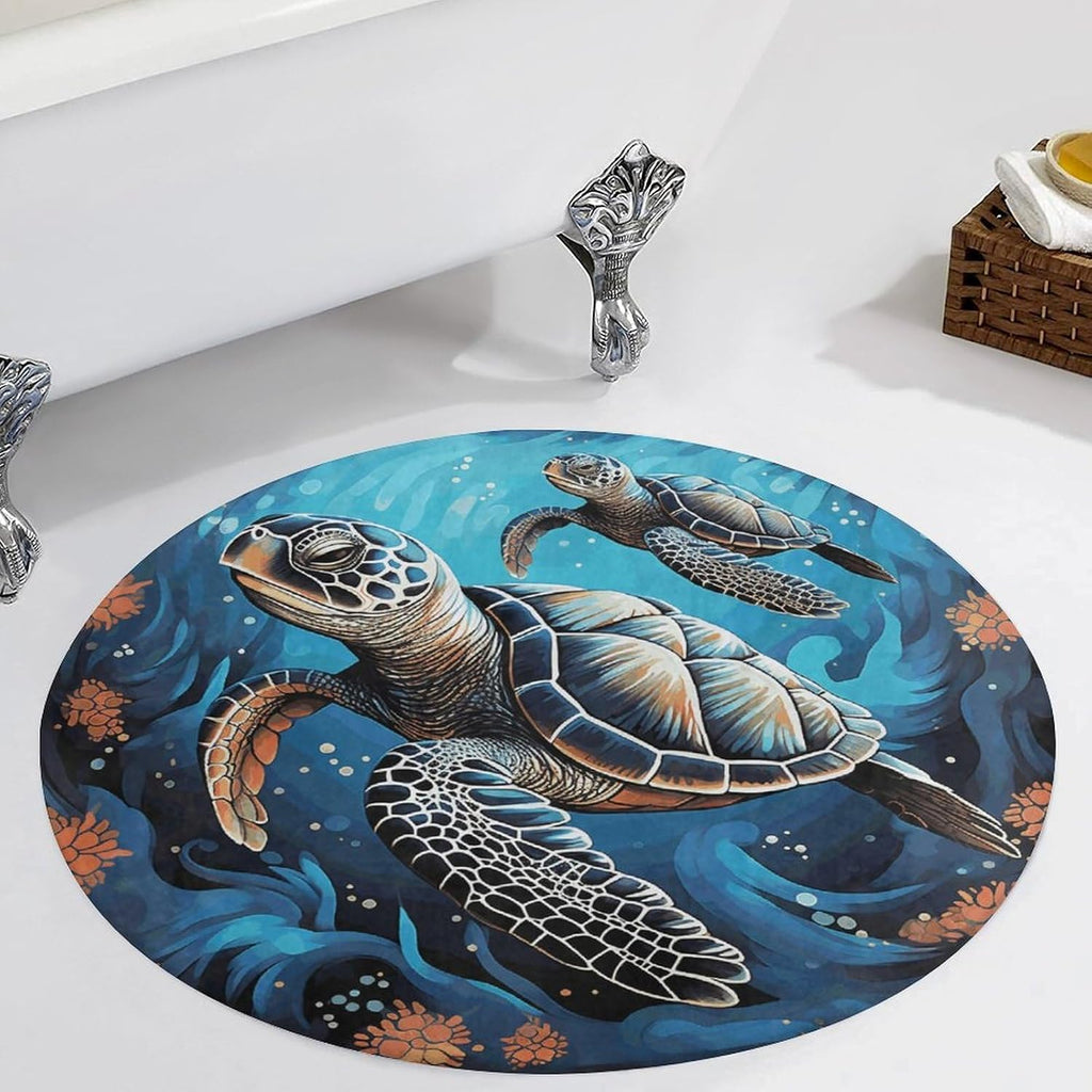 Sea Turtle Boho Style Coral Velvet Round Floor Mat Non-Slip Bath Rug Floor Covering for Bathroom Vanity Guest Suite & Vacation Home