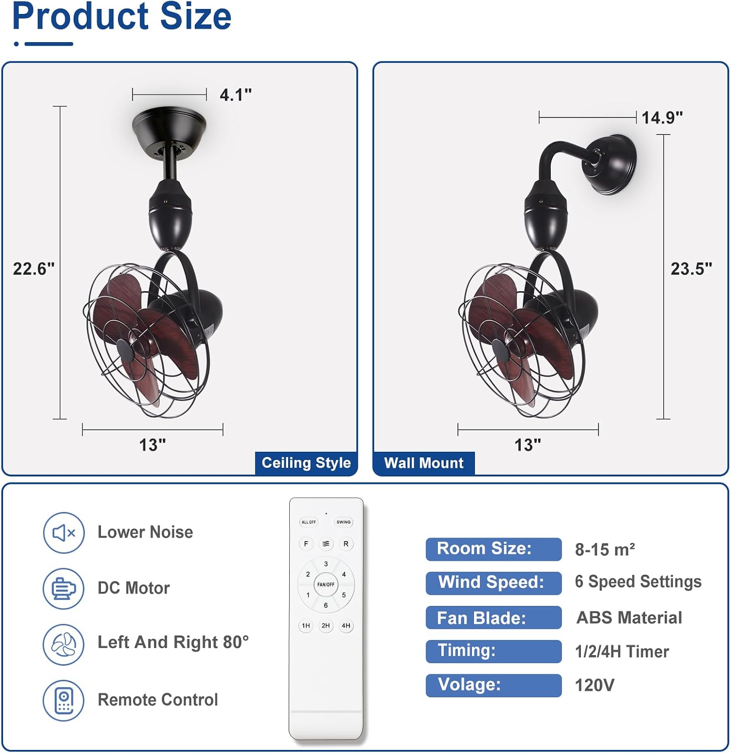 Depuley Oscillating Ceiling Fan with Remote: Black and Walnut Wall Mount Fan Ceiling for Patio - Caged Outdoor Wall Fan for Indoor Bedroom Kitchen - 80° Oscillation 100° Adjustable