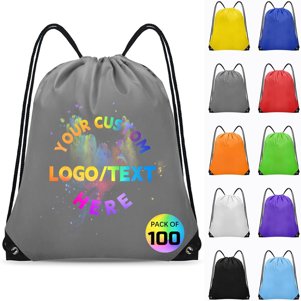 Grneric Custom Drawstring Bags Bulk 10/20/50/100/200 Pack, Promotional Items With Your Logo Personalized String Backpack for Gym, Sport, Travel, Gray