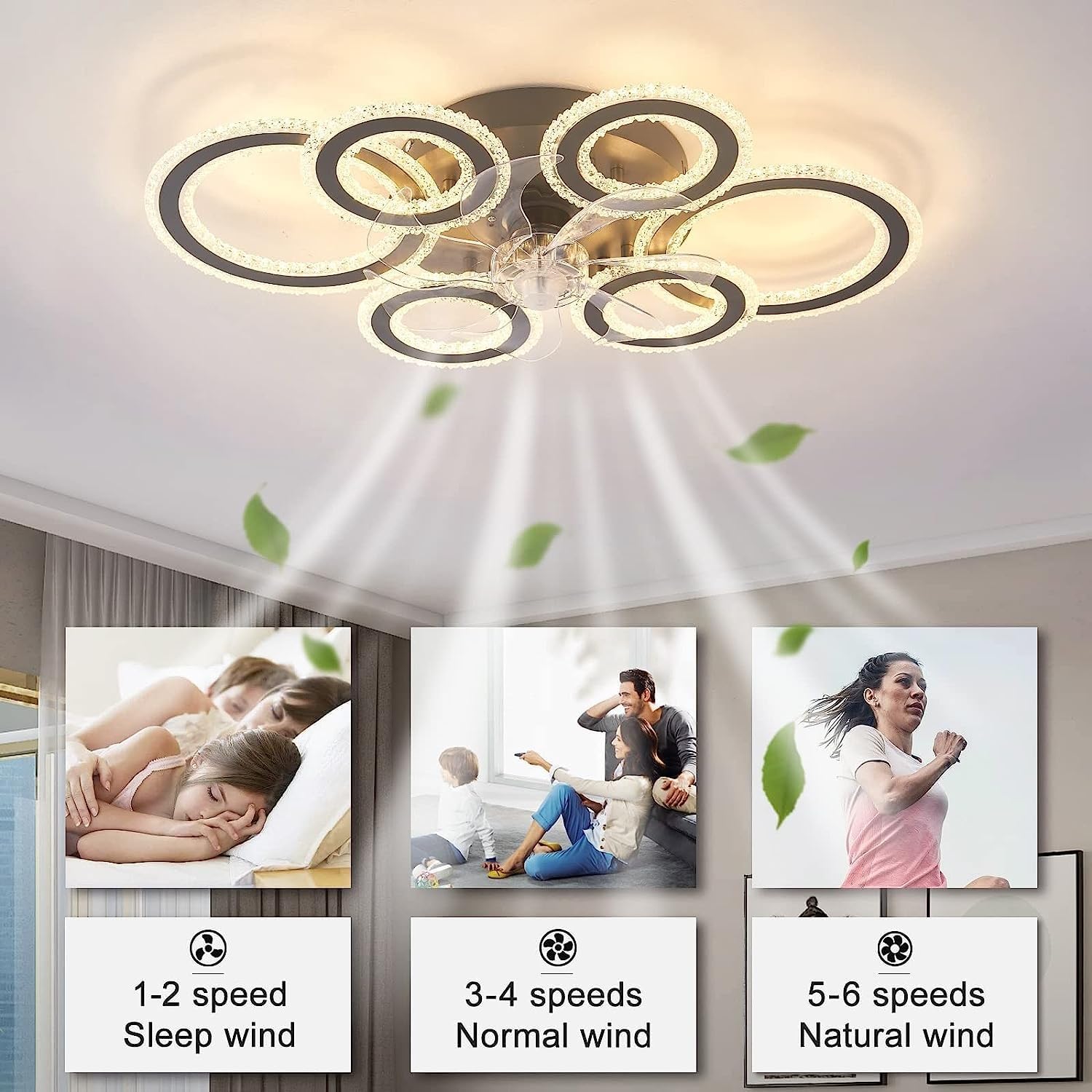 76CM Smart Ceiling Light with Fan DC Motor 6 Gear Reversible Bedroom Ceiling Fan with Lighting LED Dimmable Quiet Modern Living Room Lamp with Fan (Color : Black)