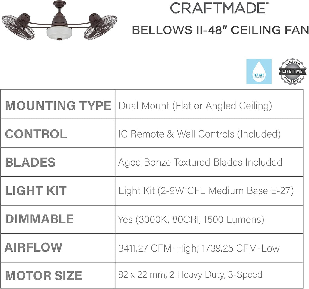 Craftmade 48' Bellows II BW248AG6 Outdoor Damp Rated Dual Head Ceiling Fan, Aged Bronze Finish, Integrated Light Kit, 2 x Dimmable 9W LED Bulbs, Optional Cap Included; Remote and Wall Control Included