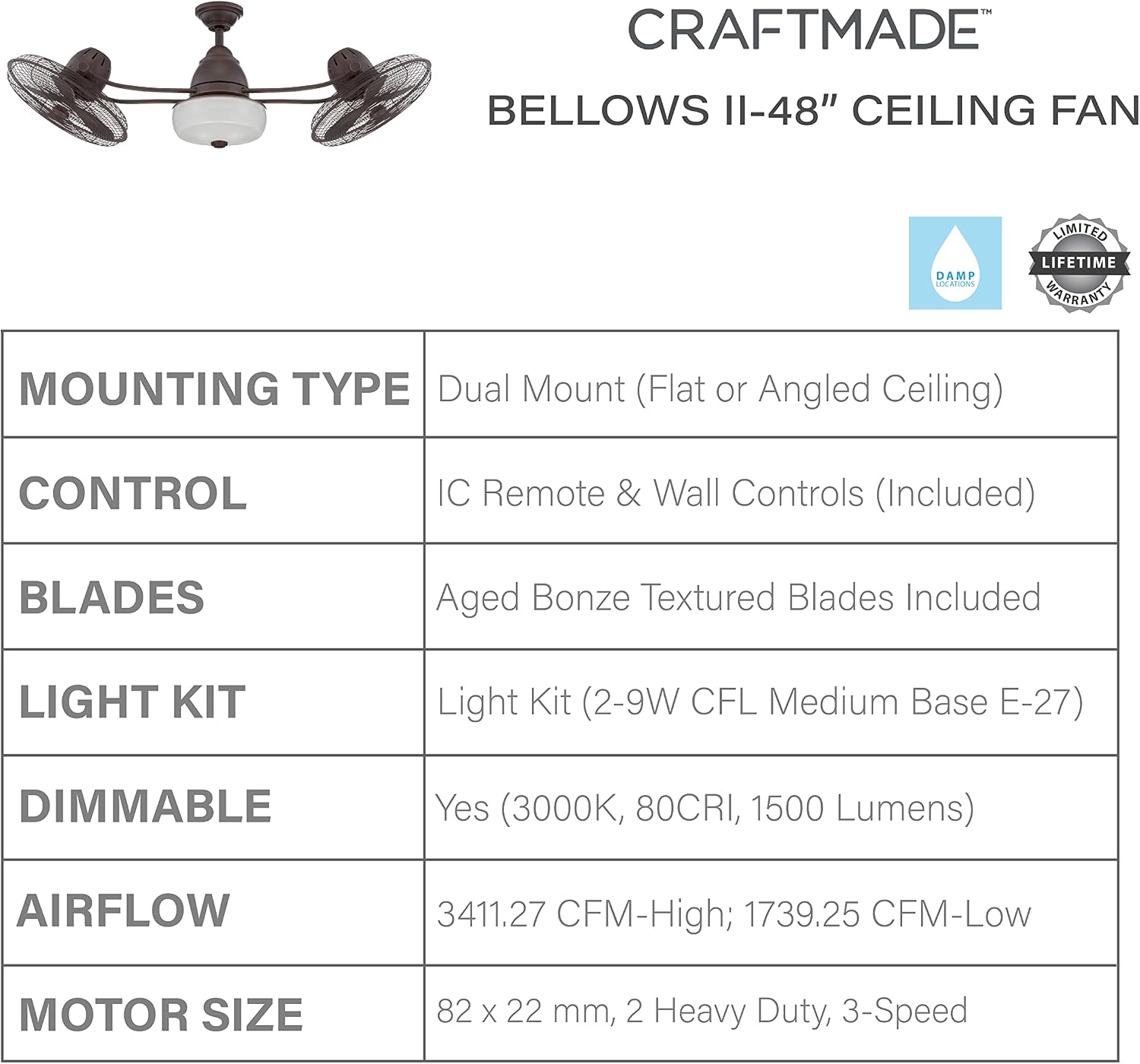 Craftmade 48' Bellows II BW248AG6 Outdoor Damp Rated Dual Head Ceiling Fan, Aged Bronze Finish, Integrated Light Kit, 2 x Dimmable 9W LED Bulbs, Optional Cap Included; Remote and Wall Control Included