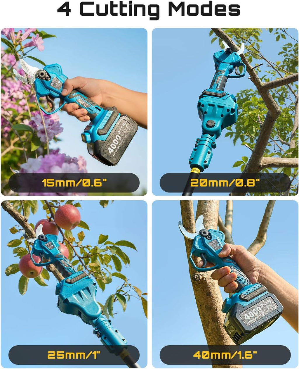 SEESII 2-in-1 Pole Pruning Shears: 1.6' Cutting Diameter Cordless Electric Pole Pruners - Brushless Motor, Dual 4.0Ah Batteries, Extra SK5 Blade, 4 Modes Adjustable Branches Cutter for Tree & Flower